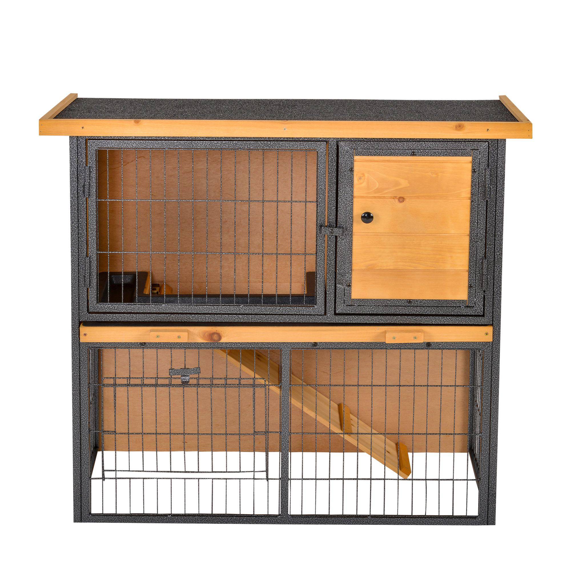 Cage lapins 2 étages bois, 89,5 x 45 x 81 cm, toit bitume, enclos, rampe, porte verrouillable, extérieur, jaune clair - Image 1