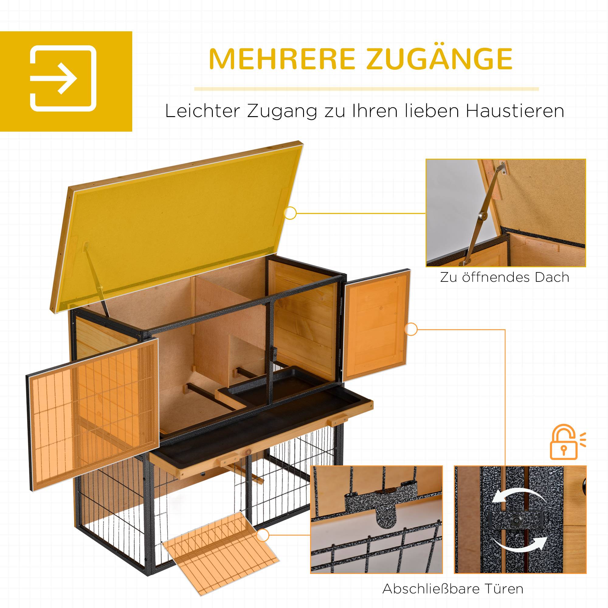 Cage lapins 2 étages bois, 89,5 x 45 x 81 cm, toit bitume, enclos, rampe, porte verrouillable, extérieur, jaune clair - Image 6