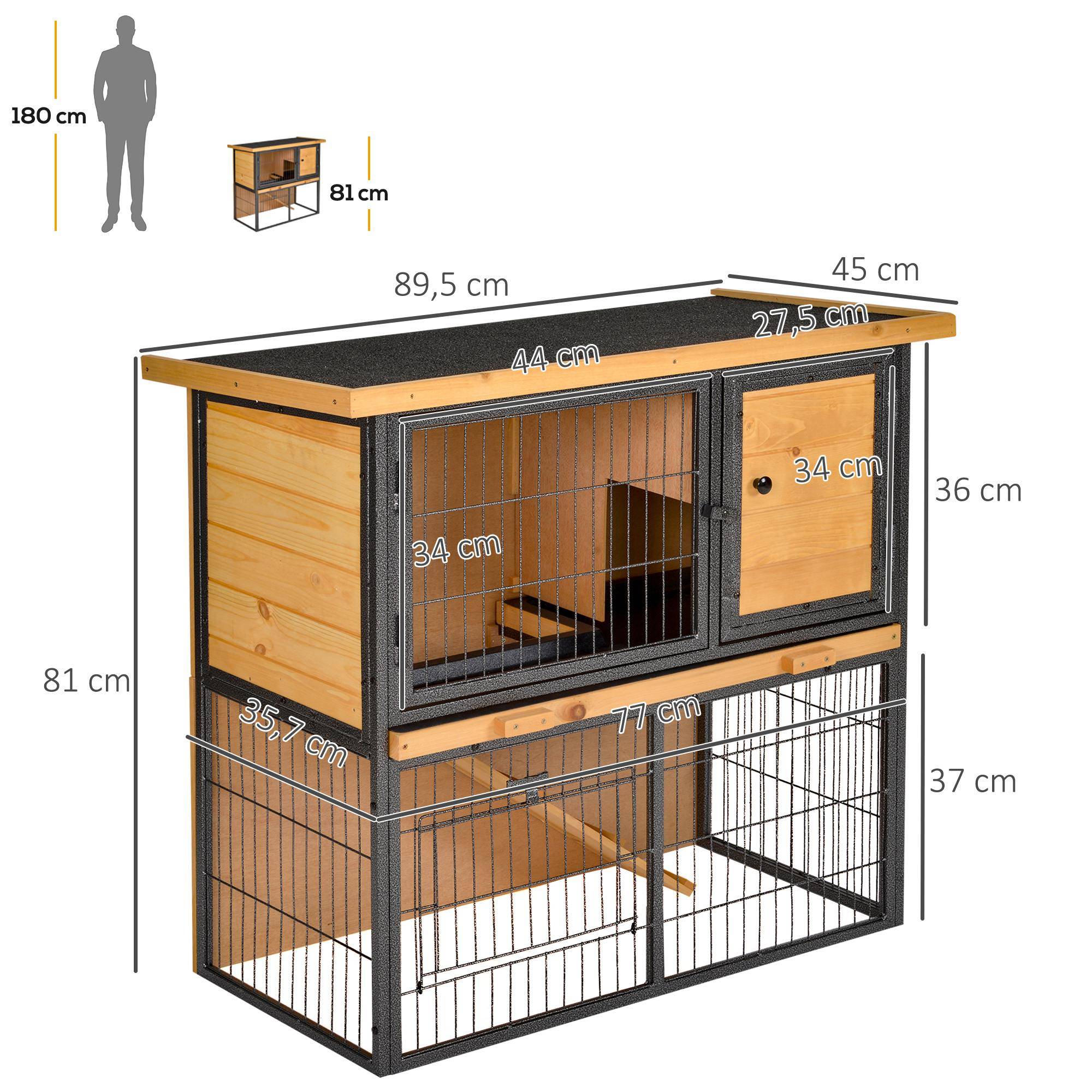 Cage lapins 2 étages bois, 89,5 x 45 x 81 cm, toit bitume, enclos, rampe, porte verrouillable, extérieur, jaune clair - Image 5