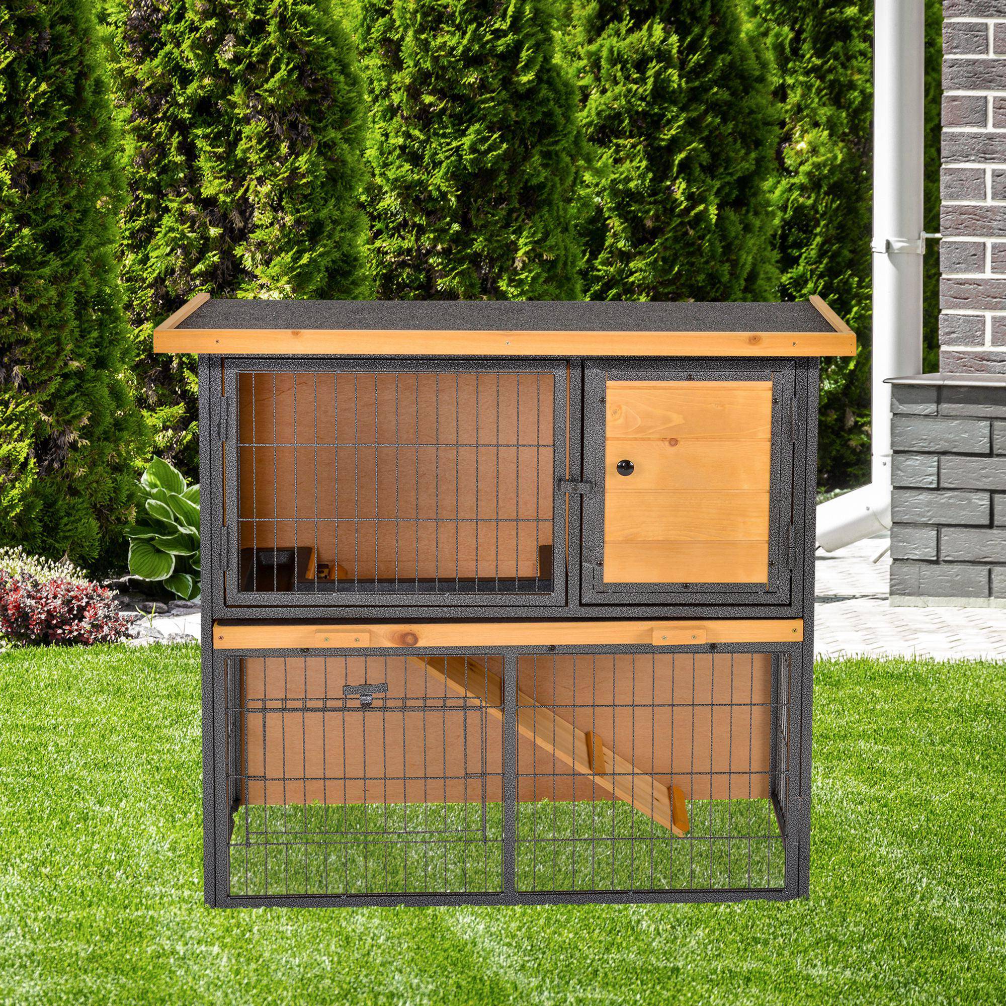 Cage lapins 2 étages bois, 89,5 x 45 x 81 cm, toit bitume, enclos, rampe, porte verrouillable, extérieur, jaune clair - Image 3