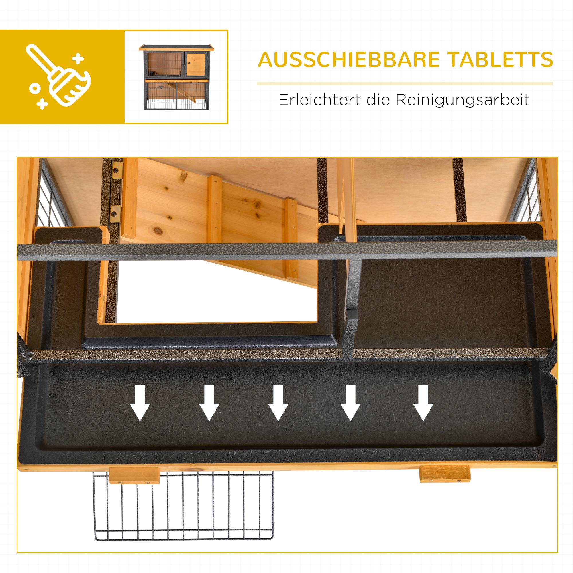 Cage lapins 2 étages bois, 89,5 x 45 x 81 cm, toit bitume, enclos, rampe, porte verrouillable, extérieur, jaune clair - Image 7