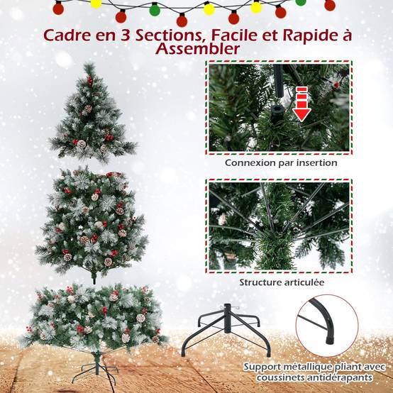 Arbre de Noël Artificiel LED, avec Lumières Colorées & Baies Rouges et Pommes de Pin (215 cm) - Image 3