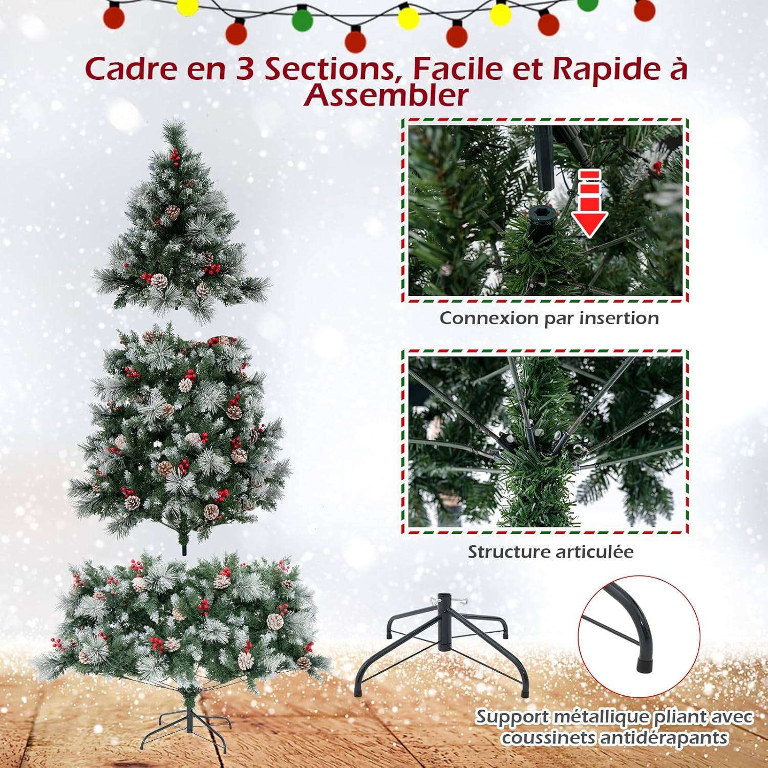 Arbre de Noël Artificiel LED, avec Lumières Colorées & Baies Rouges et Pommes de Pin (215 cm) - Image 3