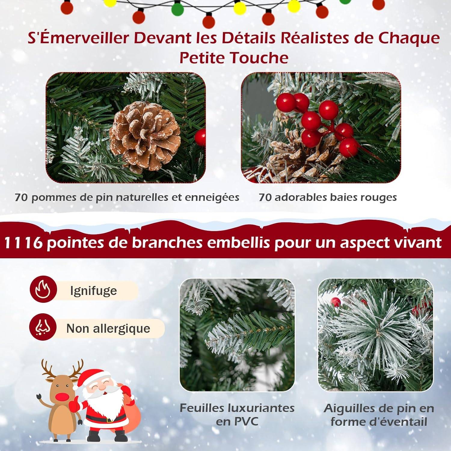 Arbre de Noël Artificiel LED, avec Lumières Colorées & Baies Rouges et Pommes de Pin (215 cm) - Image 1