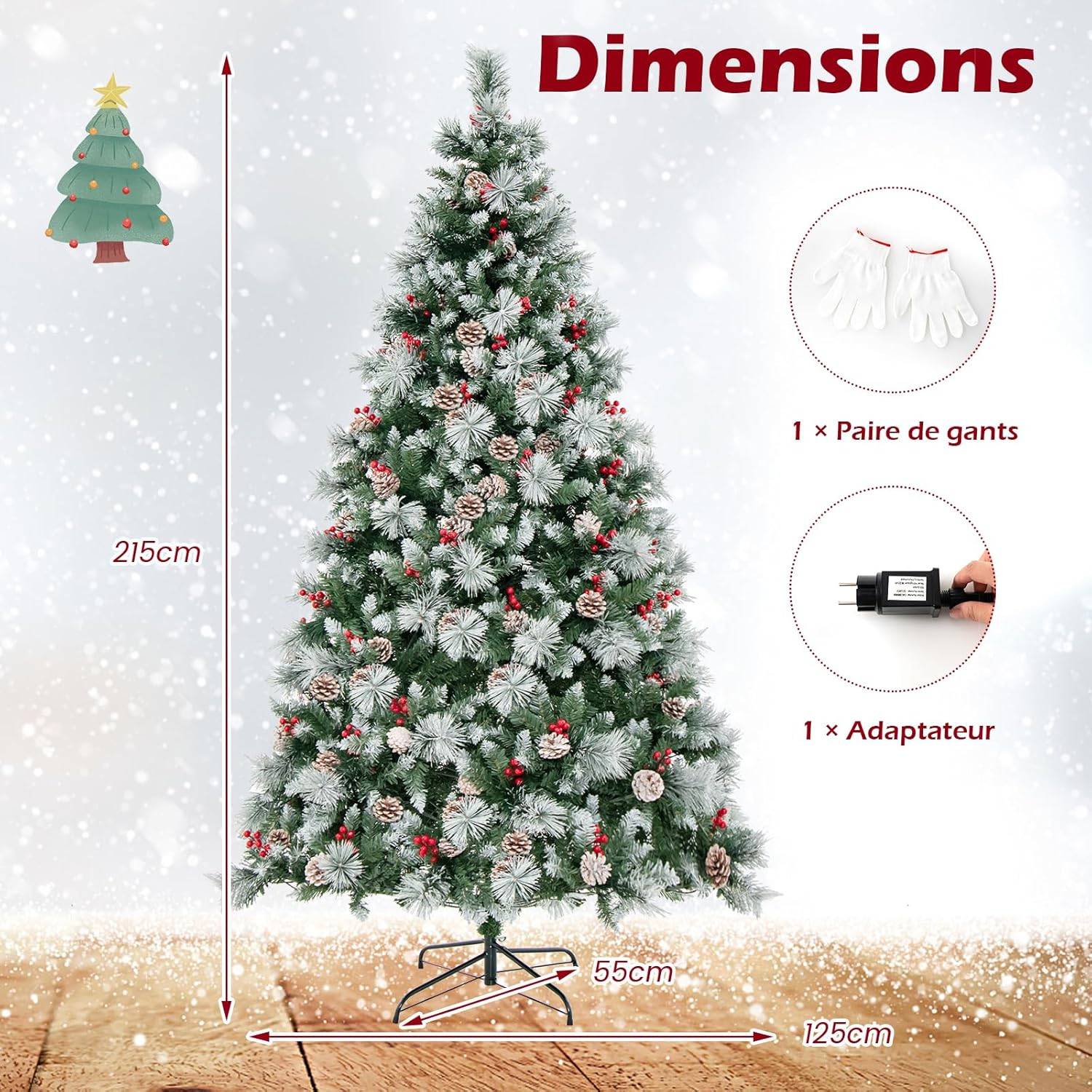 Arbre de Noël Artificiel LED, avec Lumières Colorées & Baies Rouges et Pommes de Pin (215 cm) - Image 2