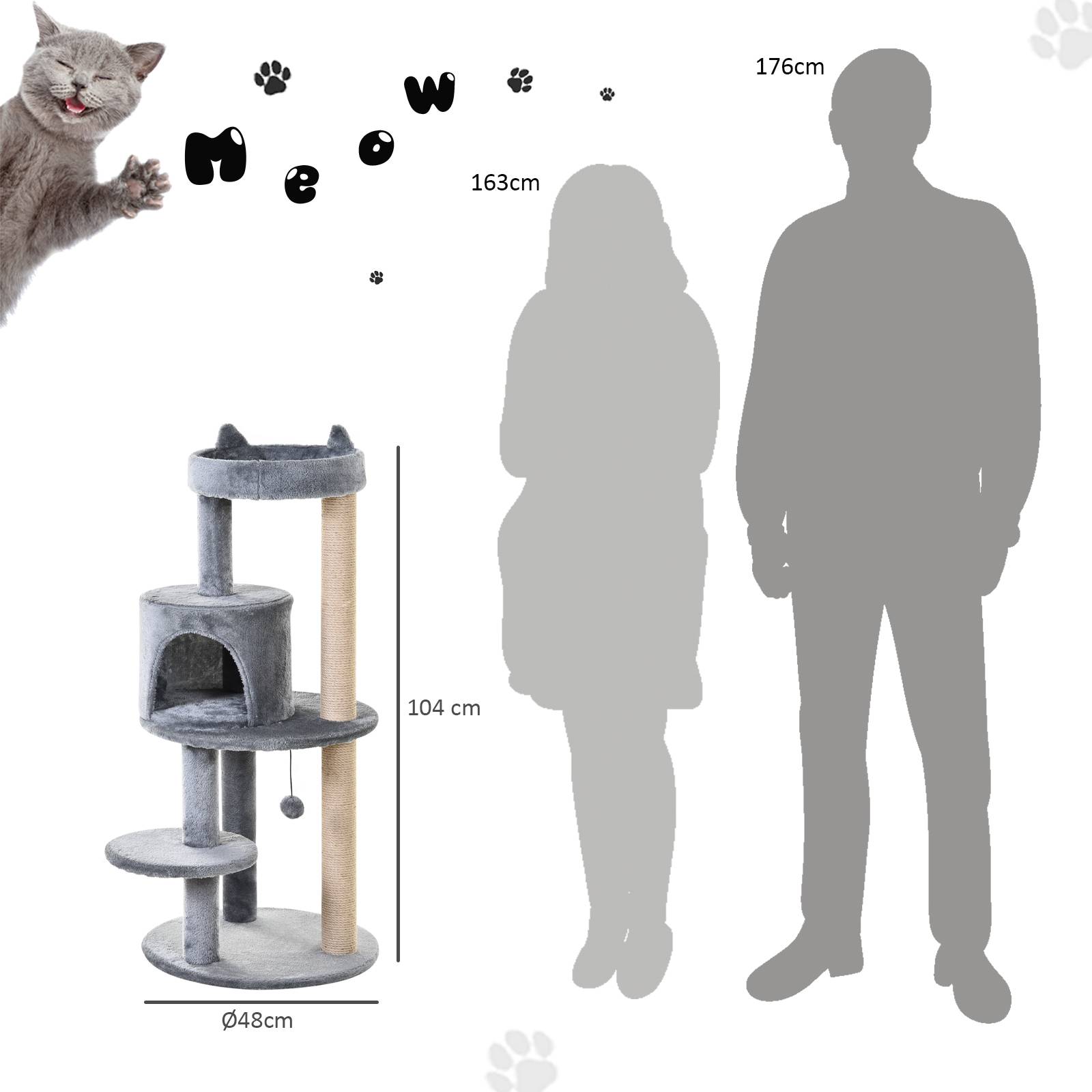 Pawhut - Arbre à chats multi-équipements griffoirs grattoirs plateformes niche jeu boule suspendue Ø 48 x 104H cm gris - Imagen 3