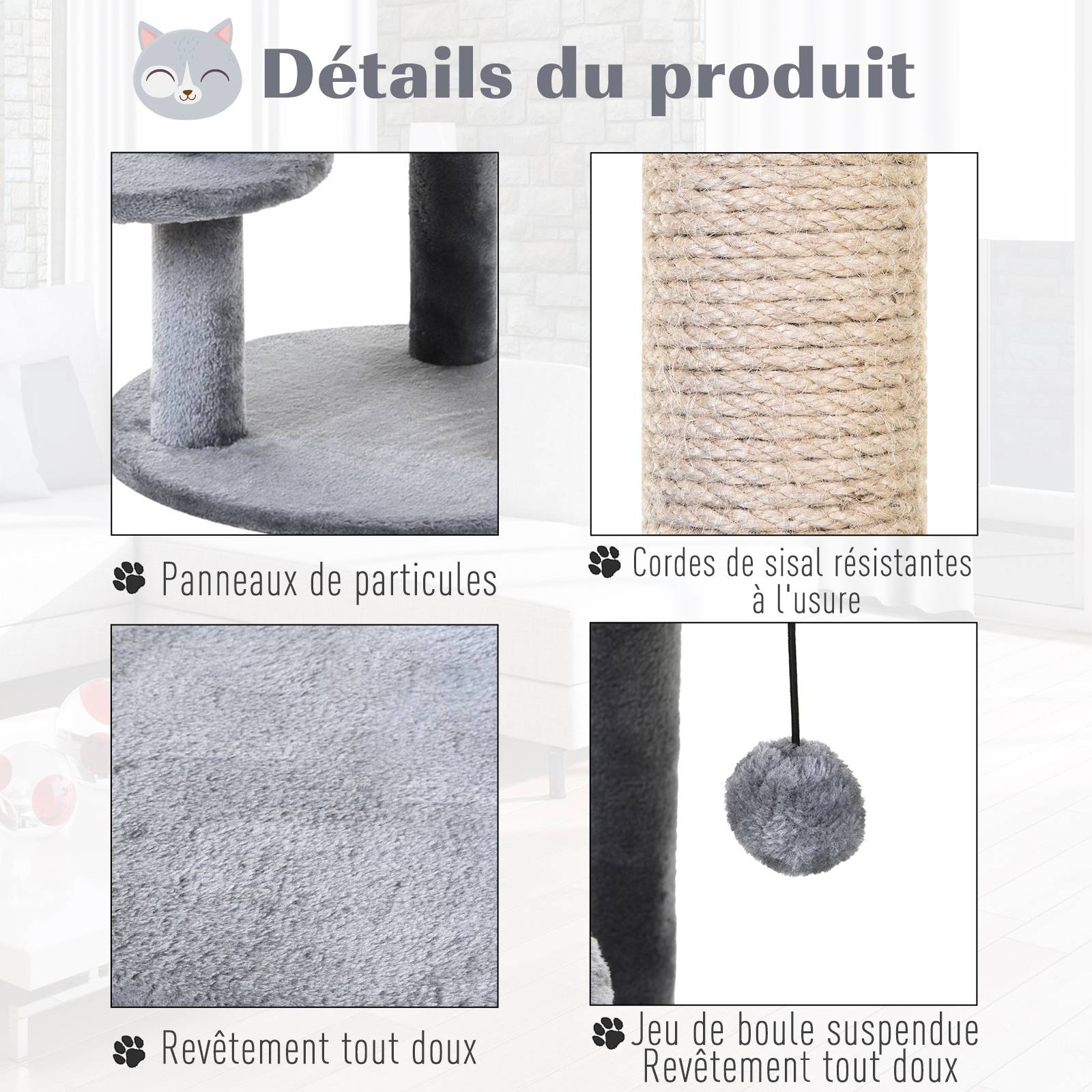 Pawhut - Arbre à chats multi-équipements griffoirs grattoirs plateformes niche jeu boule suspendue Ø 48 x 104H cm gris - Imagen 7