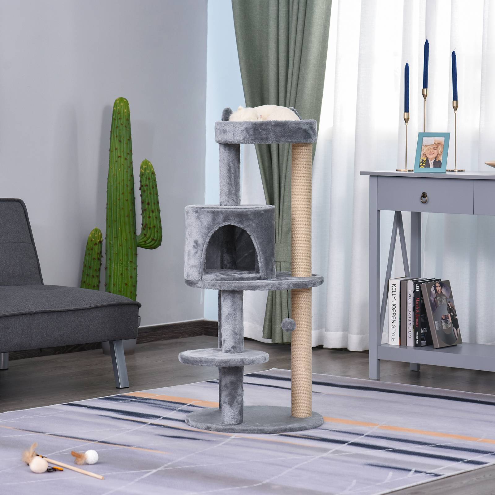 Pawhut - Arbre à chats multi-équipements griffoirs grattoirs plateformes niche jeu boule suspendue Ø 48 x 104H cm gris - Imagen 2