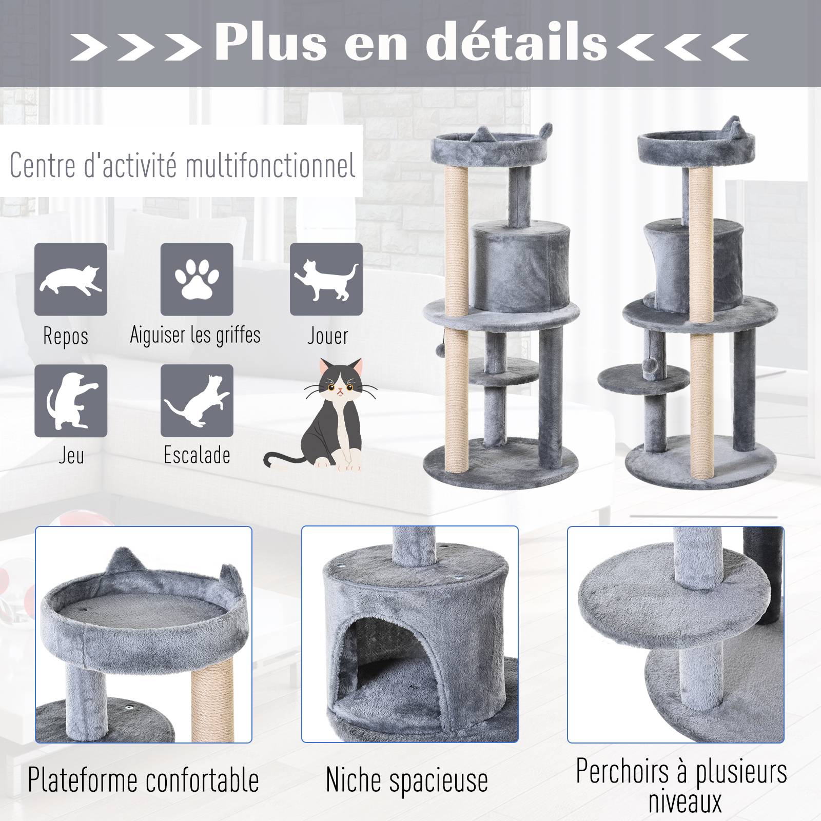 Pawhut - Arbre à chats multi-équipements griffoirs grattoirs plateformes niche jeu boule suspendue Ø 48 x 104H cm gris - Imagen 5