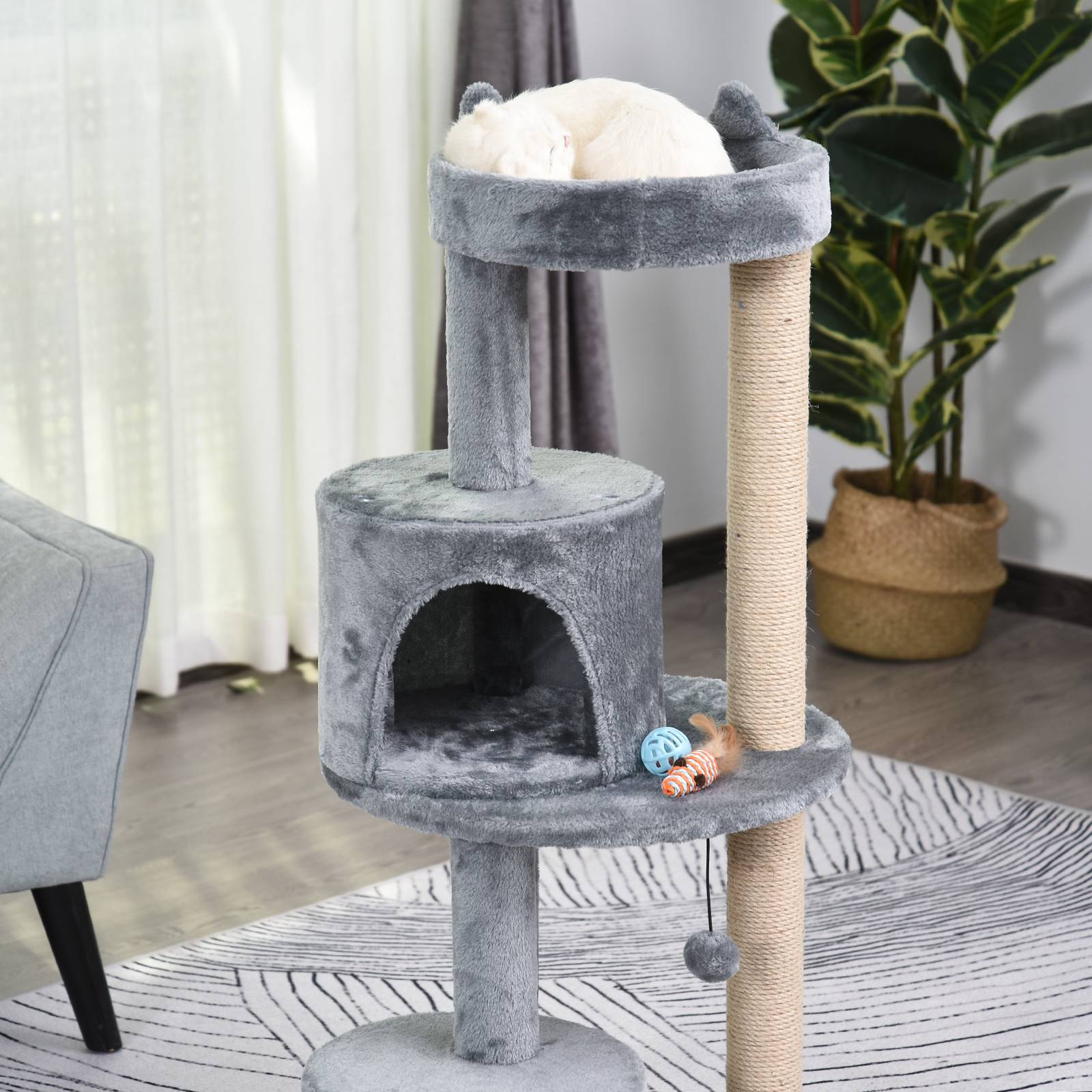 Pawhut - Arbre à chats multi-équipements griffoirs grattoirs plateformes niche jeu boule suspendue Ø 48 x 104H cm gris - Imagen 8