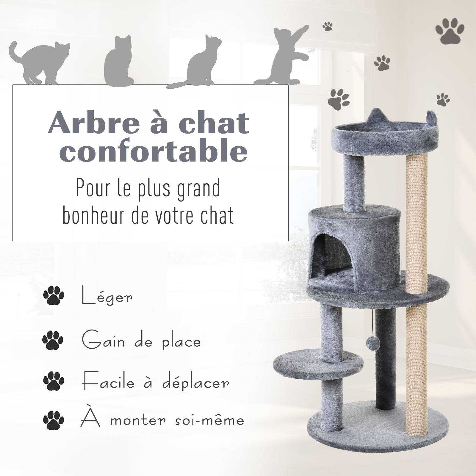Pawhut - Arbre à chats multi-équipements griffoirs grattoirs plateformes niche jeu boule suspendue Ø 48 x 104H cm gris - Imagen 6