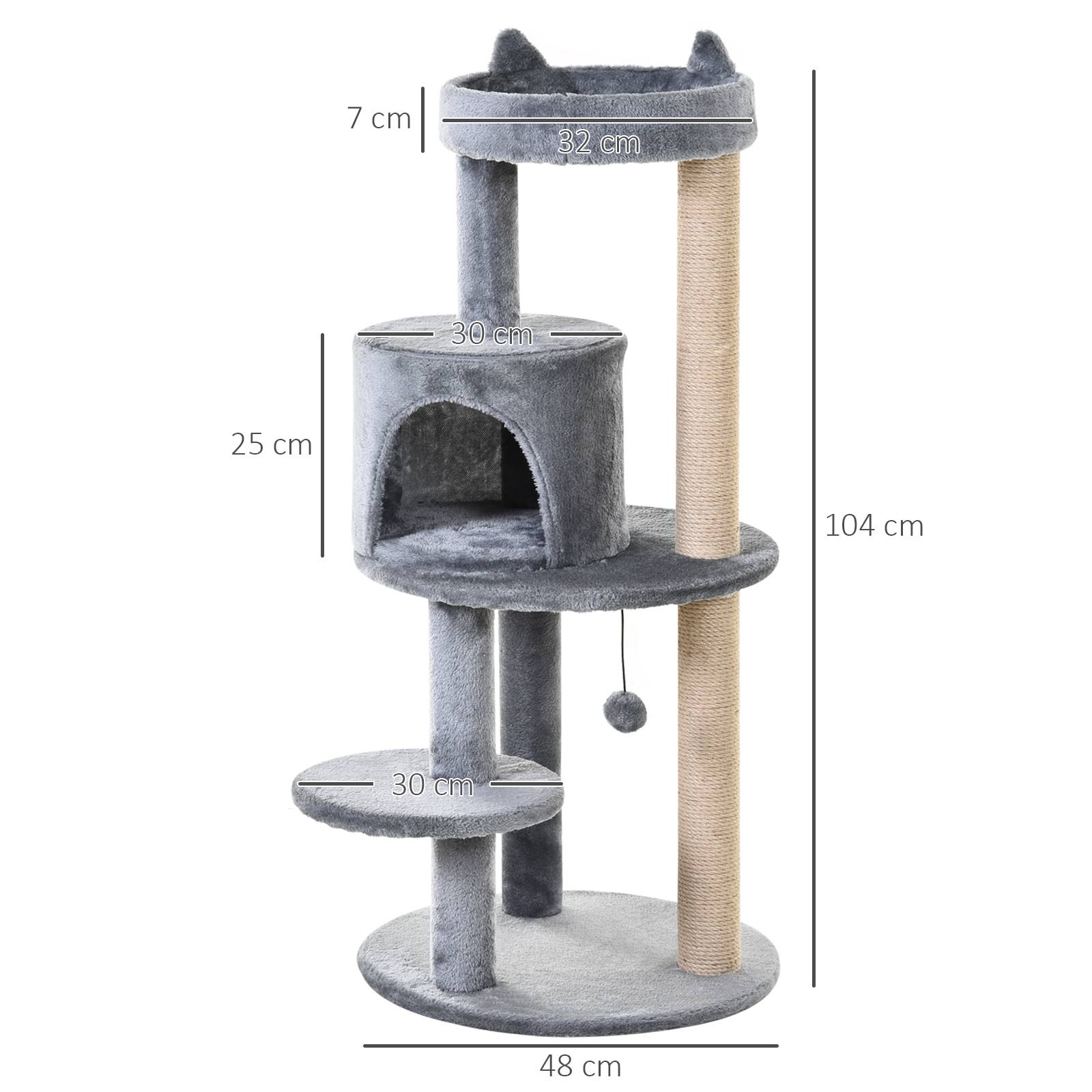 Pawhut - Arbre à chats multi-équipements griffoirs grattoirs plateformes niche jeu boule suspendue Ø 48 x 104H cm gris - Imagen 4