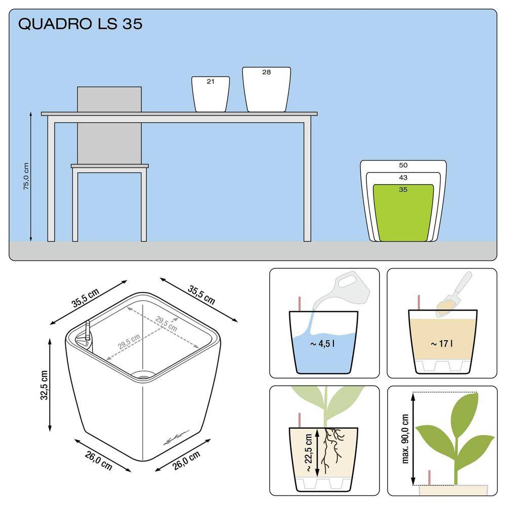 Lechuza - Pot Quadro Premium LS 35 - kit complet, blanc brillant 35 cm Lechuza - Imagen 4