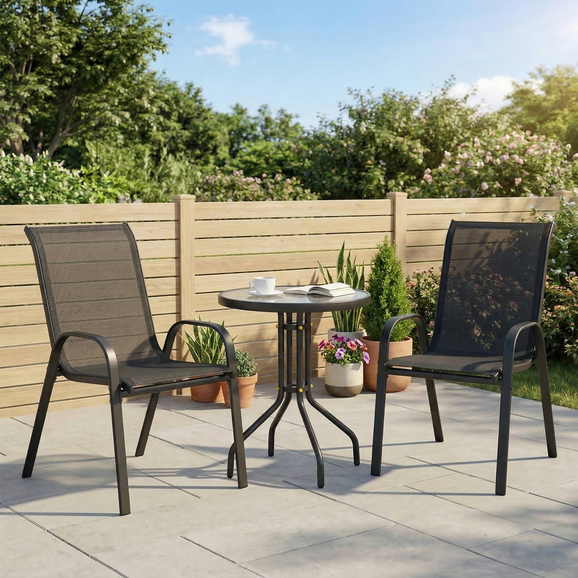 Ensemble bistrot 3 pièces acier textilène pour balcon table ronde chaises empilables noir - ComfortXL Outdoor Living - Image 3