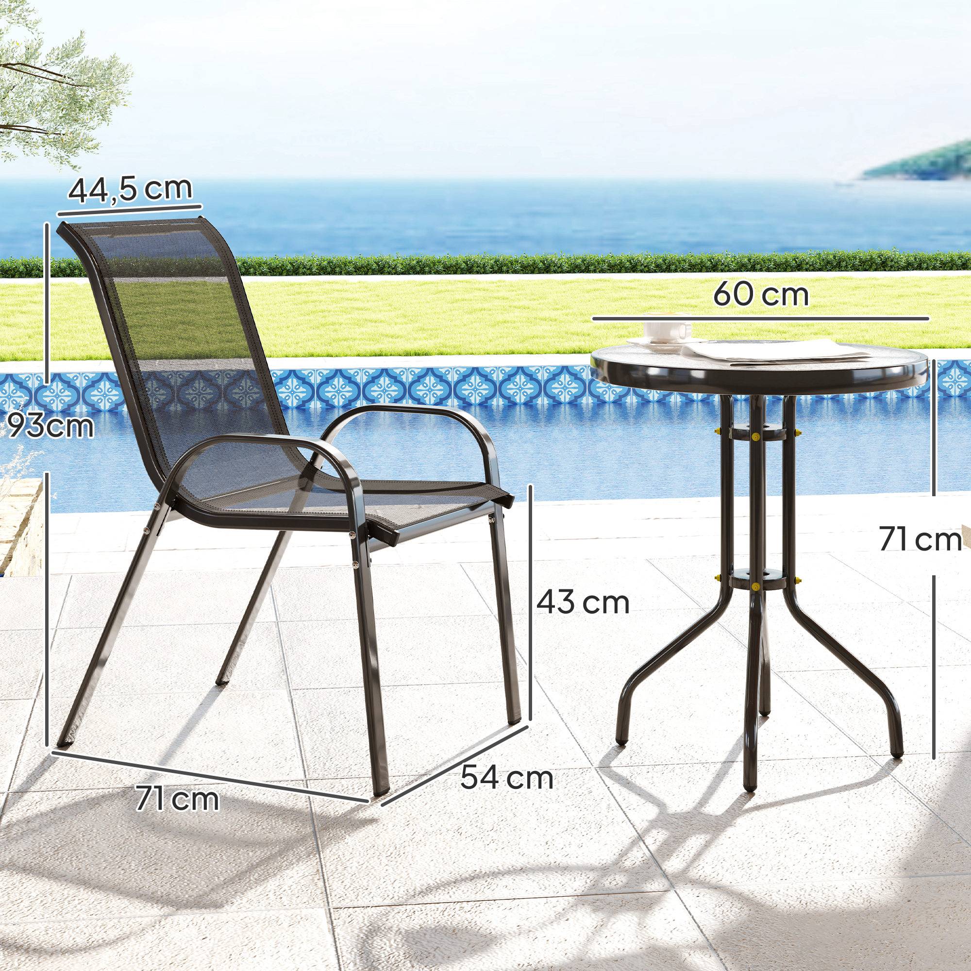Ensemble bistrot 3 pièces acier textilène pour balcon table ronde chaises empilables noir - ComfortXL Outdoor Living - Image 5