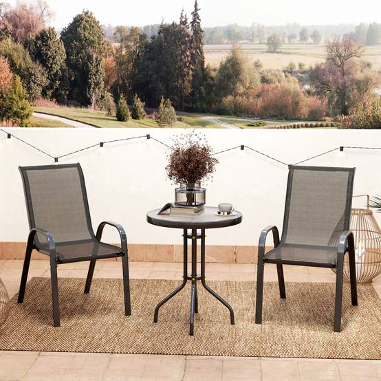 Ensemble bistrot 3 pièces acier textilène pour balcon table ronde chaises empilables noir - ComfortXL Outdoor Living - Image 4