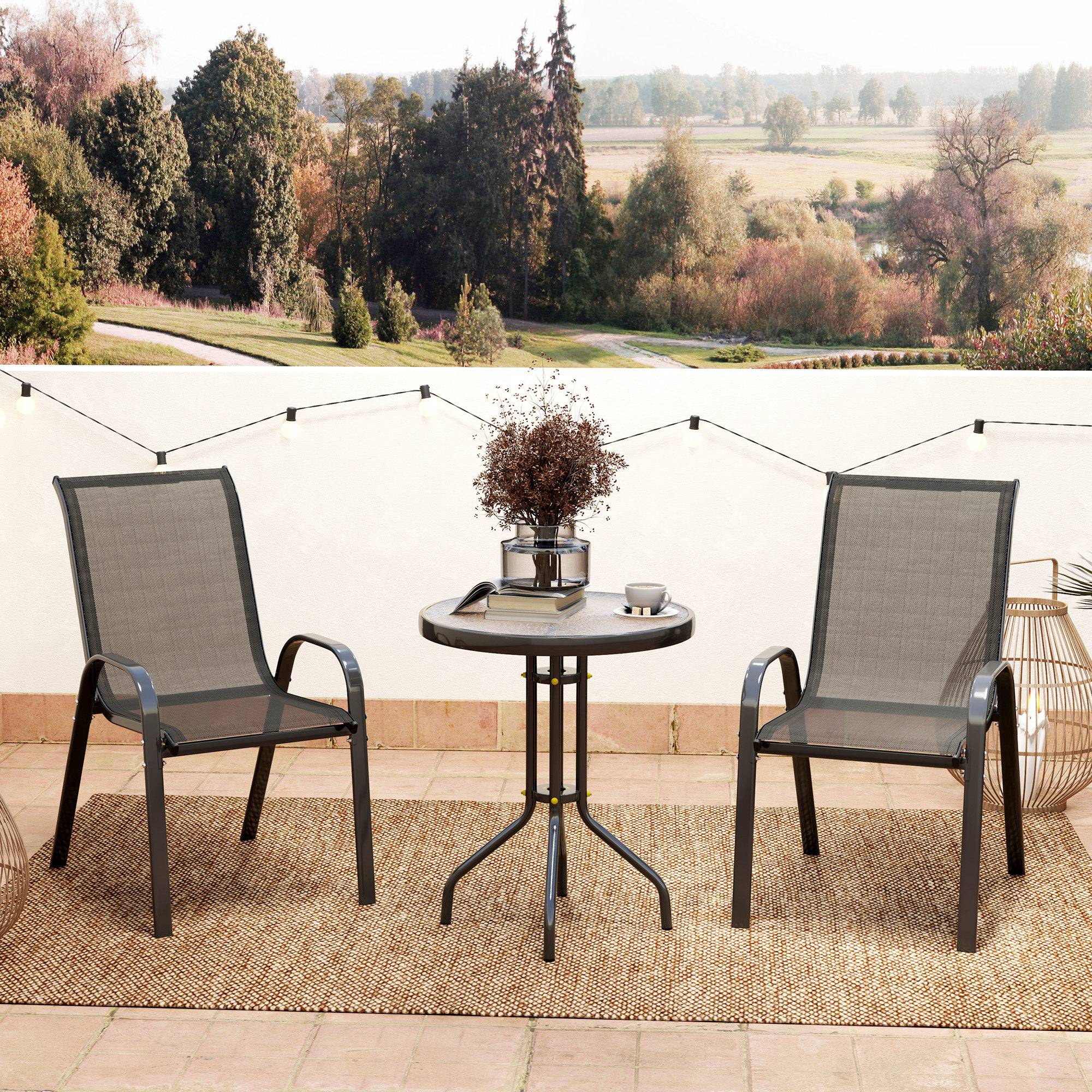 Ensemble bistrot 3 pièces acier textilène pour balcon table ronde chaises empilables noir - ComfortXL Outdoor Living - Image 4