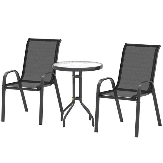 Ensemble bistrot 3 pièces acier textilène pour balcon table ronde chaises empilables noir - ComfortXL Outdoor Living - Image 2