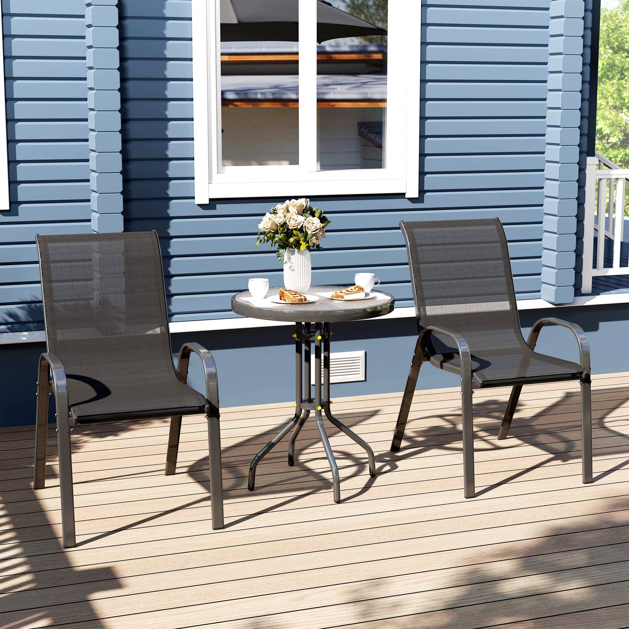 Ensemble bistrot 3 pièces acier textilène pour balcon table ronde chaises empilables noir - ComfortXL Outdoor Living - Image 10