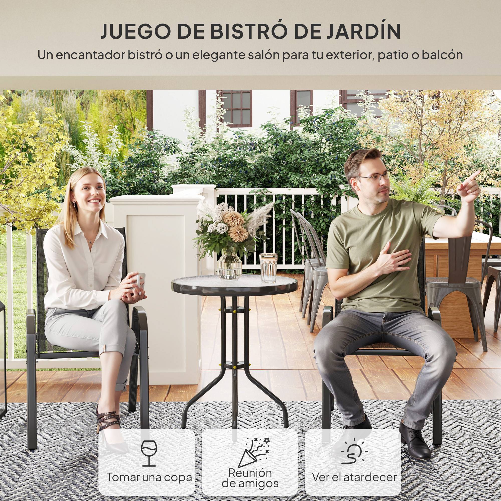 Ensemble bistrot 3 pièces acier textilène pour balcon table ronde chaises empilables noir - ComfortXL Outdoor Living - Image 6