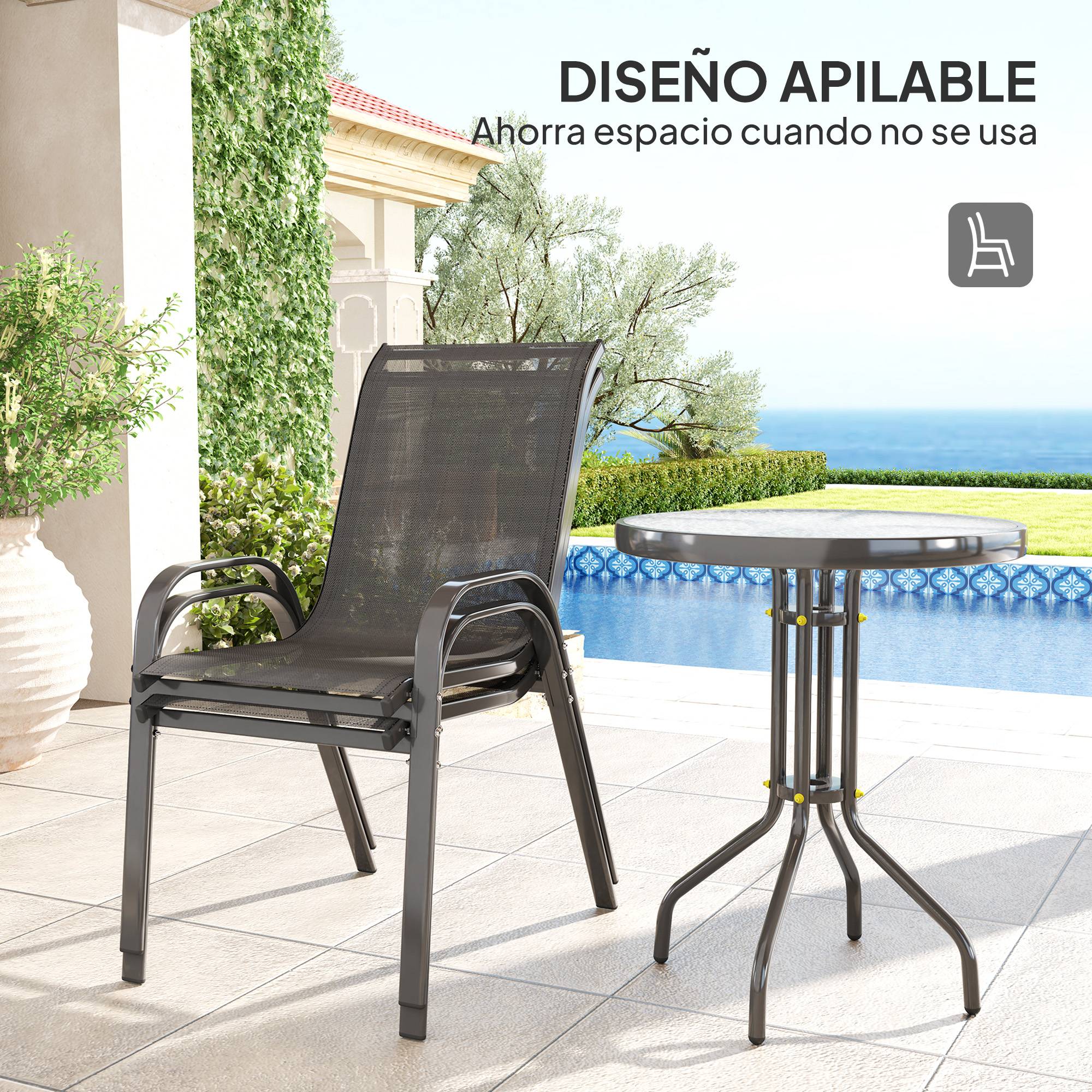 Ensemble bistrot 3 pièces acier textilène pour balcon table ronde chaises empilables noir - ComfortXL Outdoor Living - Image 7