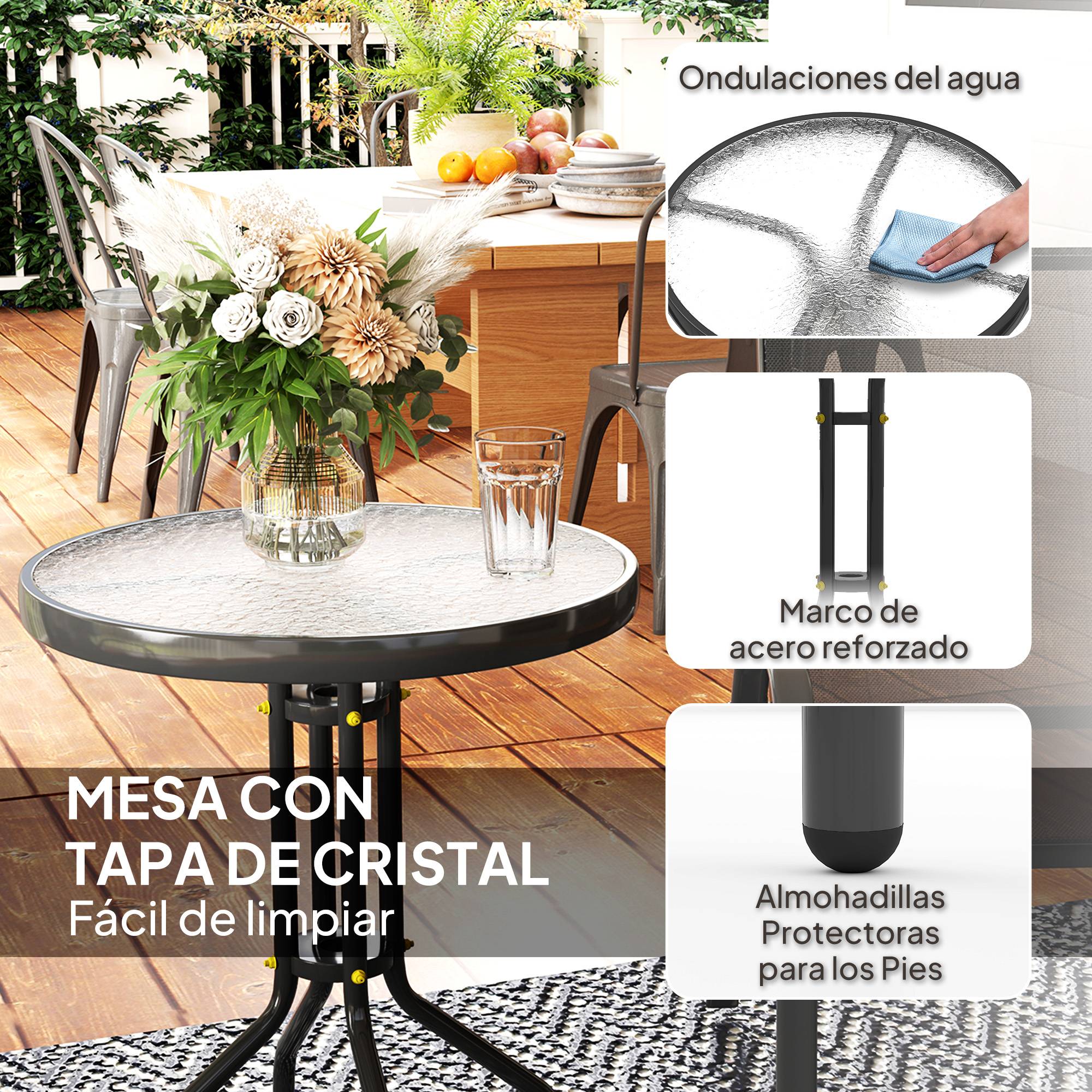 Ensemble bistrot 3 pièces acier textilène pour balcon table ronde chaises empilables noir - ComfortXL Outdoor Living - Image 9