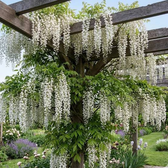 Glycine du Japon blanche à fleurs Blanche - feuillage Caduc - Pot de 1,5L - Tuteur bambou 30/60 cm- hauteur à maturité De 5,00 m à 10,00 m - Image 2