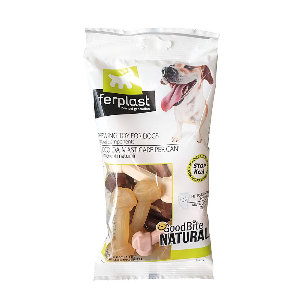 Ferplast - GOODBITE NATURAL XS Jouet Os pour l'hygiène dentaire, 4 saveurs poulet boeuf jambon céréales, Chien petit (3-5 Kg), Naturel, 16 pièces de 15g
