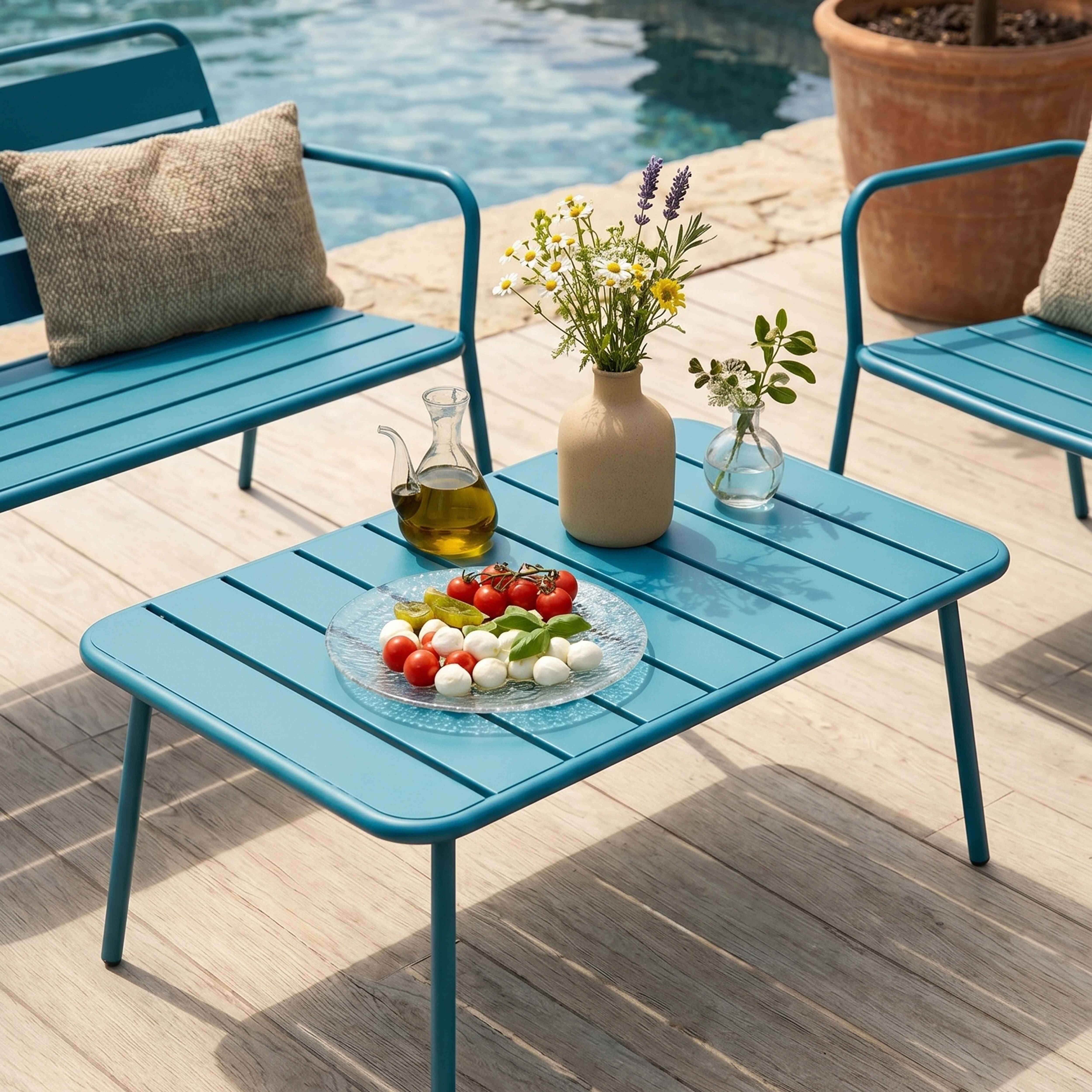 Oviala - Salon de jardin 4 places et 1 table basse en acier bleu pacific Palavas - Oviala - Imagen 3
