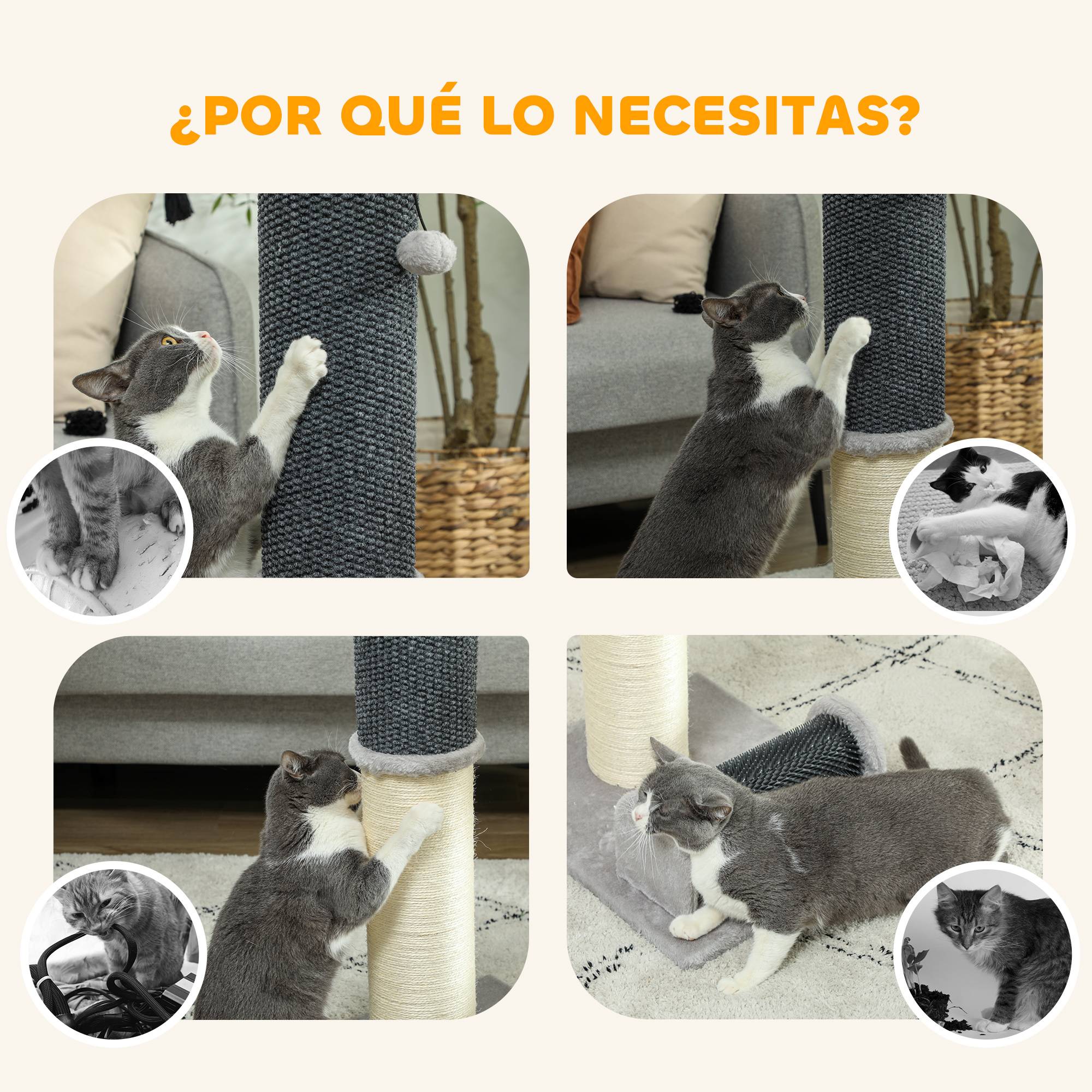 Poteau Griffoir pour Chat 85 cm avec Brosse de Toilettage et Jouet Sisal et Moquette - ComfortXL Outdoor Living - Image 9