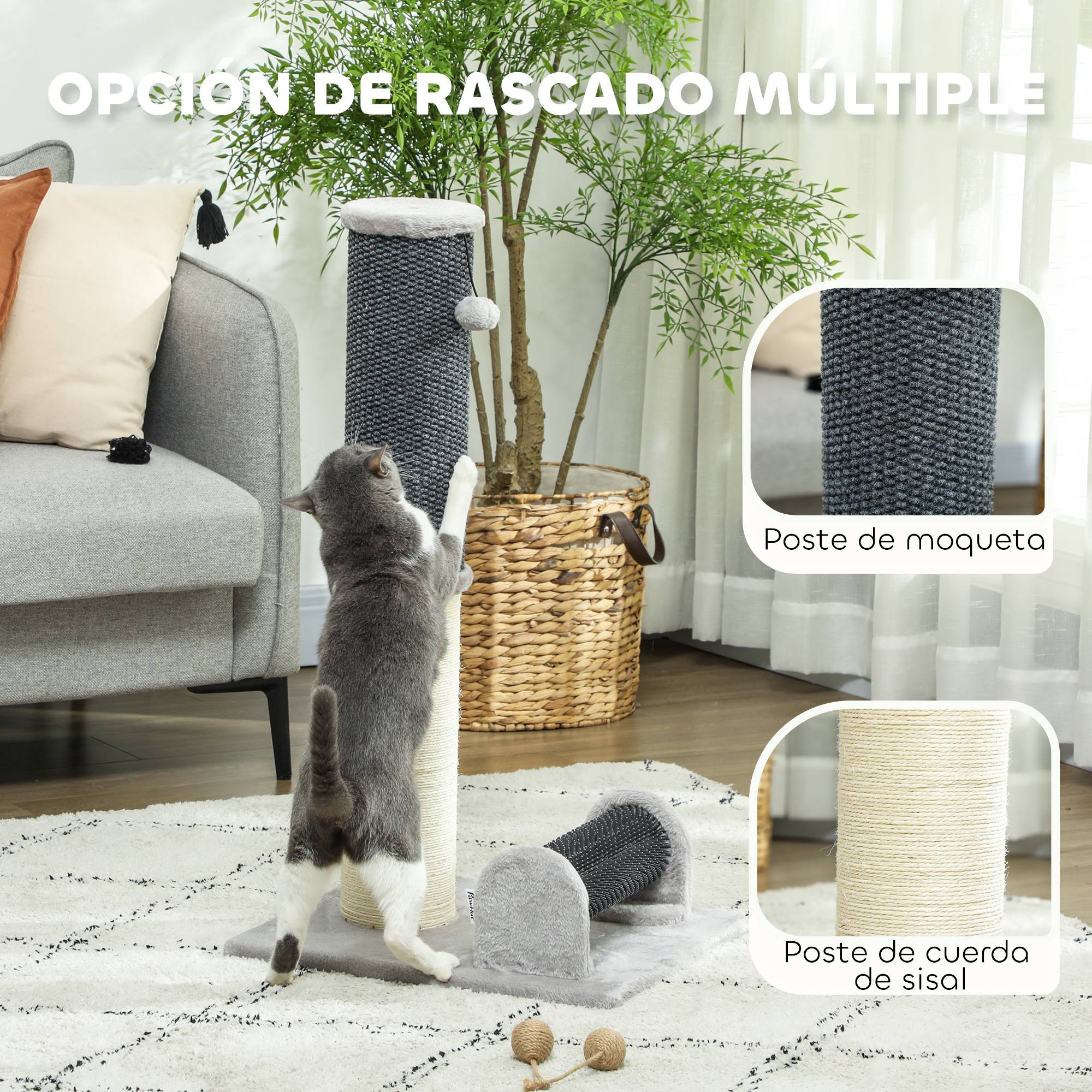 Poteau Griffoir pour Chat 85 cm avec Brosse de Toilettage et Jouet Sisal et Moquette - ComfortXL Outdoor Living - Image 7