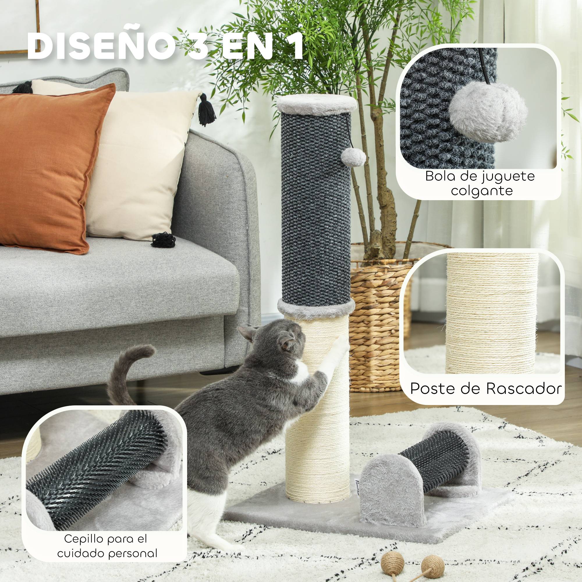 Poteau Griffoir pour Chat 85 cm avec Brosse de Toilettage et Jouet Sisal et Moquette - ComfortXL Outdoor Living - Image 6