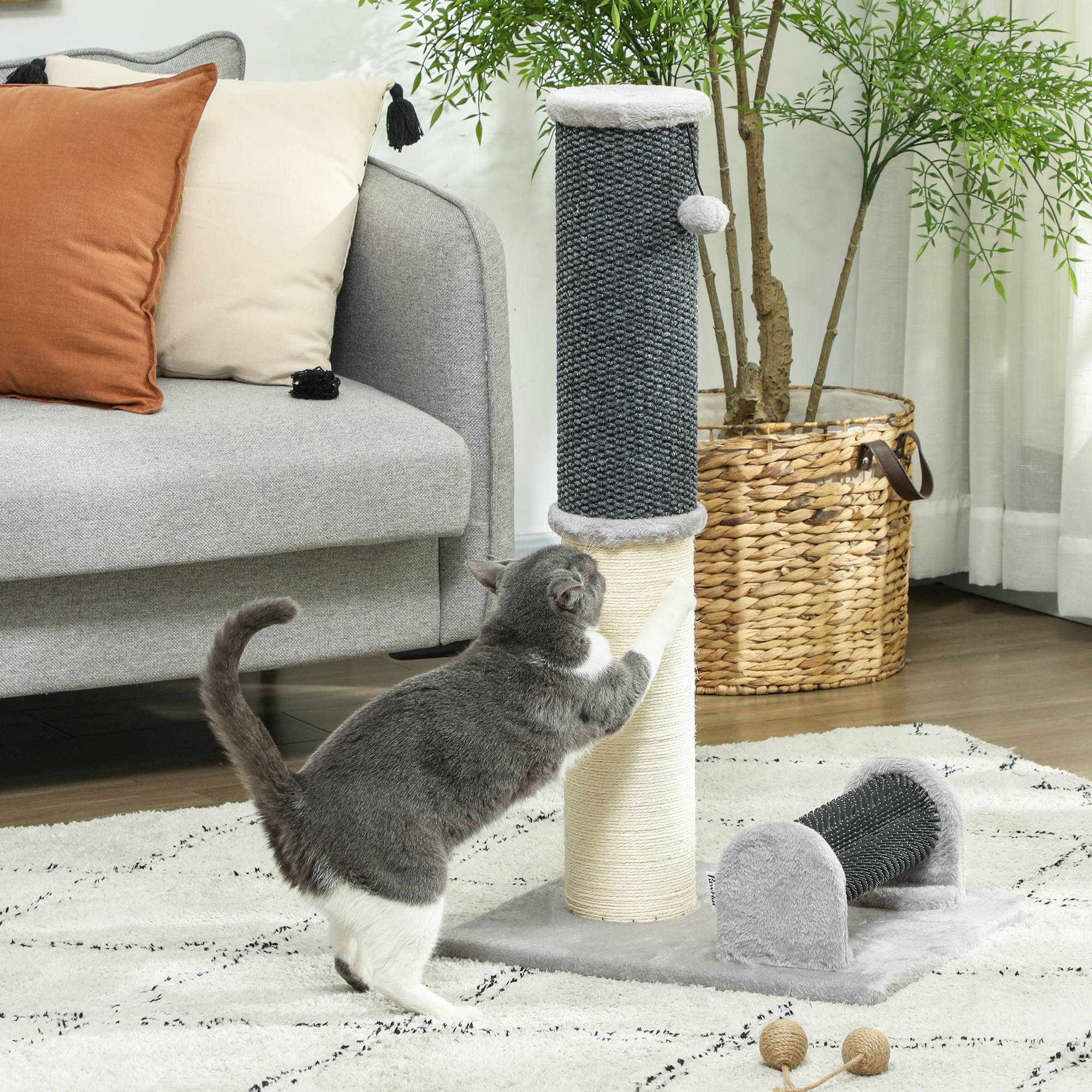 Poteau Griffoir pour Chat 85 cm avec Brosse de Toilettage et Jouet Sisal et Moquette - ComfortXL Outdoor Living - Image 3