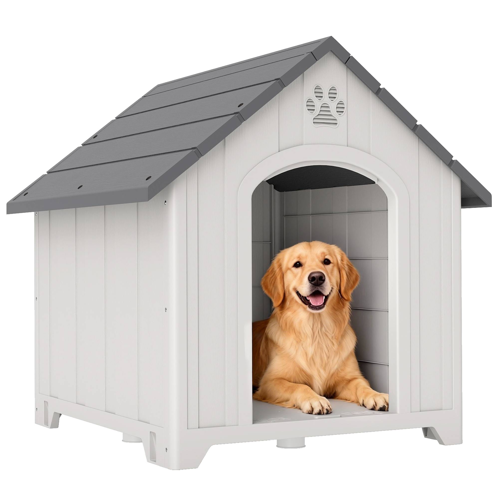 Niche extérieure en plastique, grand chien, 2 fenêtres, base surélevée, piquets, gris