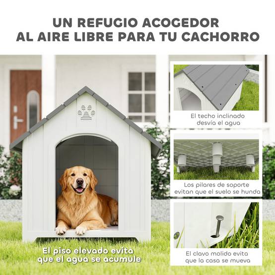 Niche extérieure en plastique, grand chien, 2 fenêtres, base surélevée, piquets, gris - Image 6