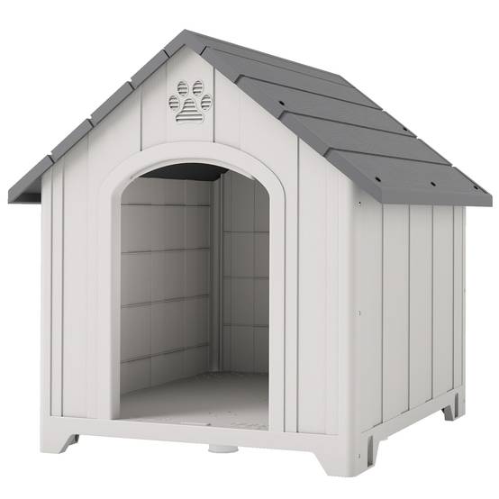 Niche extérieure en plastique, grand chien, 2 fenêtres, base surélevée, piquets, gris - Image 2