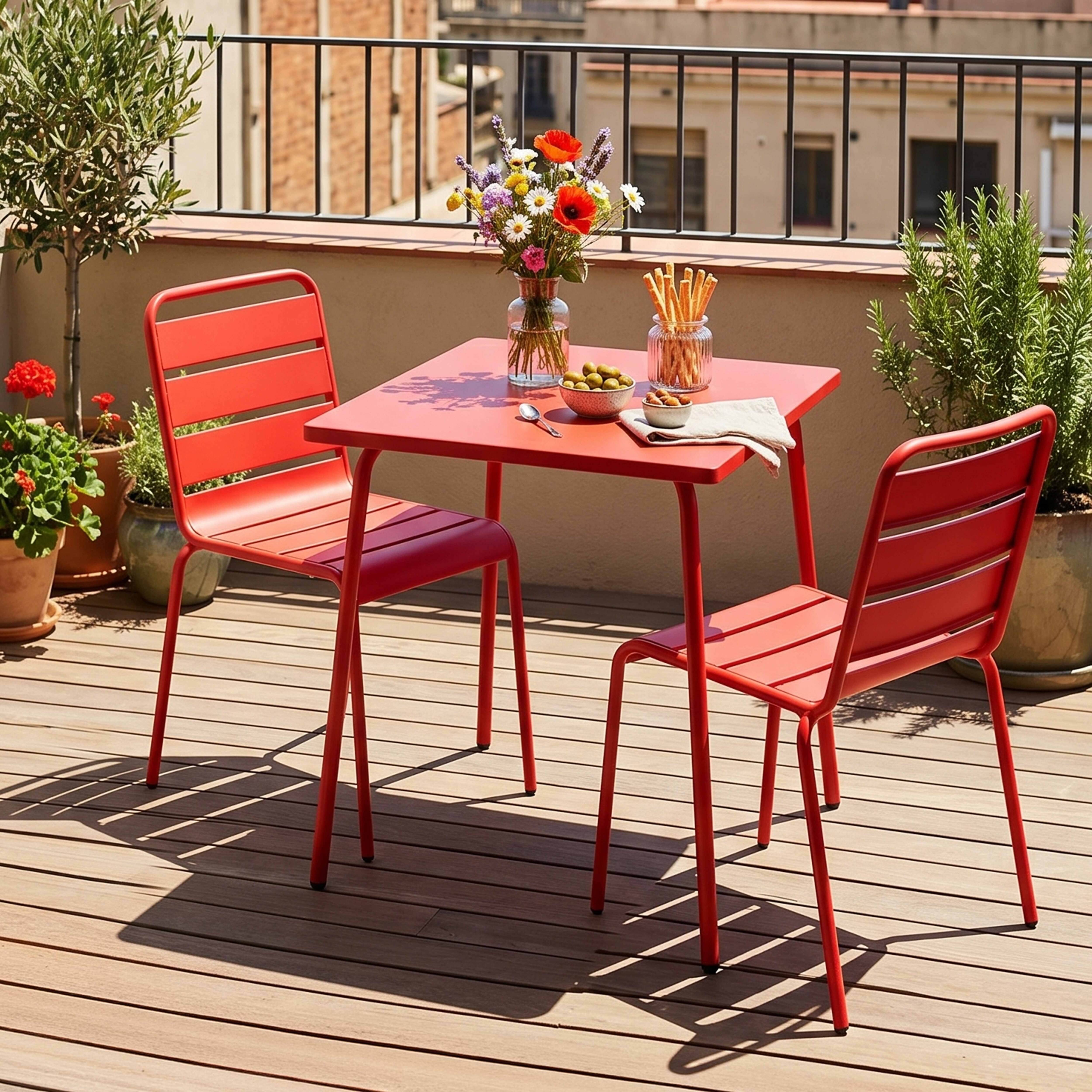 Oviala - Ensemble table de jardin carrée et 2 chaises acier rouge Palavas - Oviala - Imagen 2
