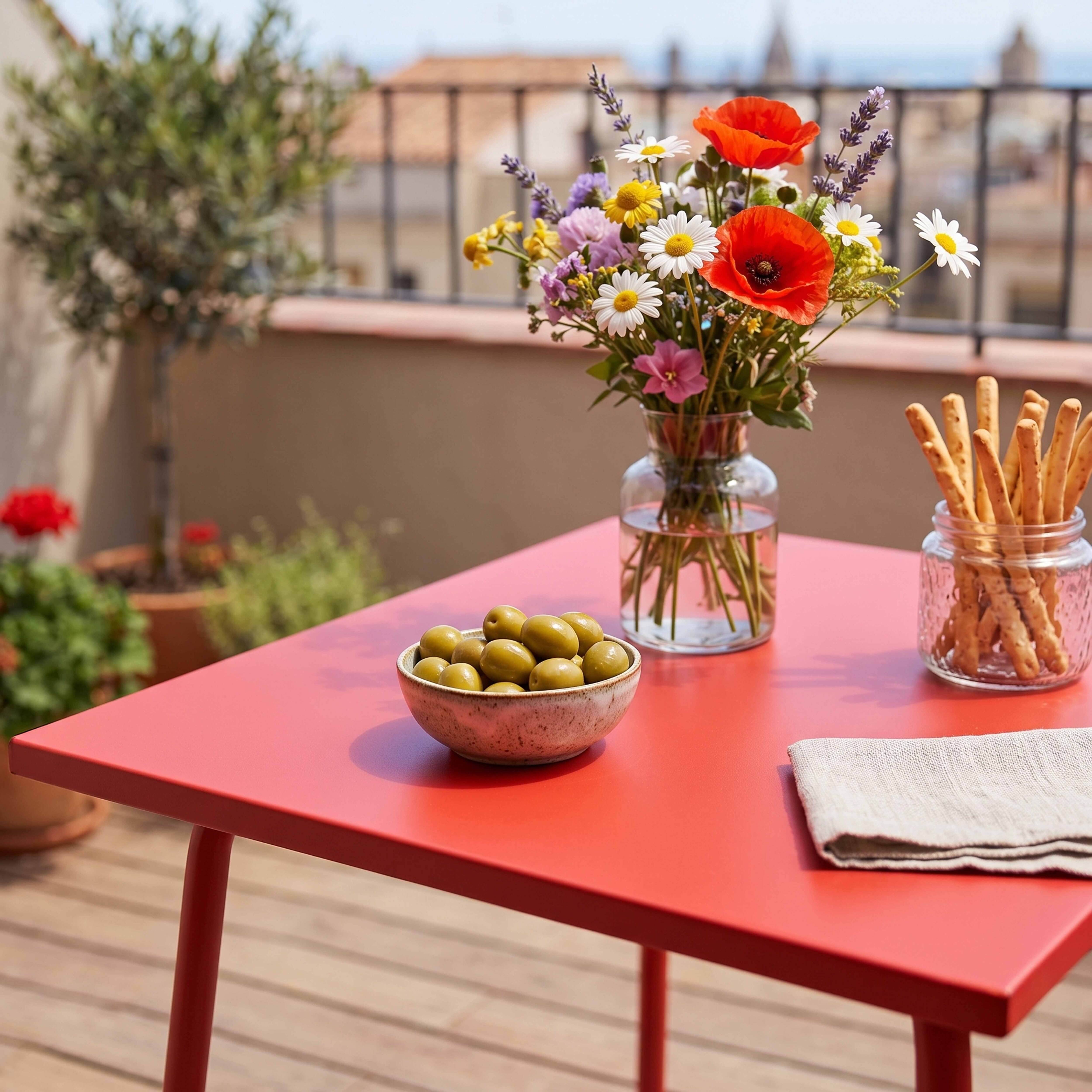 Oviala - Ensemble table de jardin carrée et 2 chaises acier rouge Palavas - Oviala - Imagen 3
