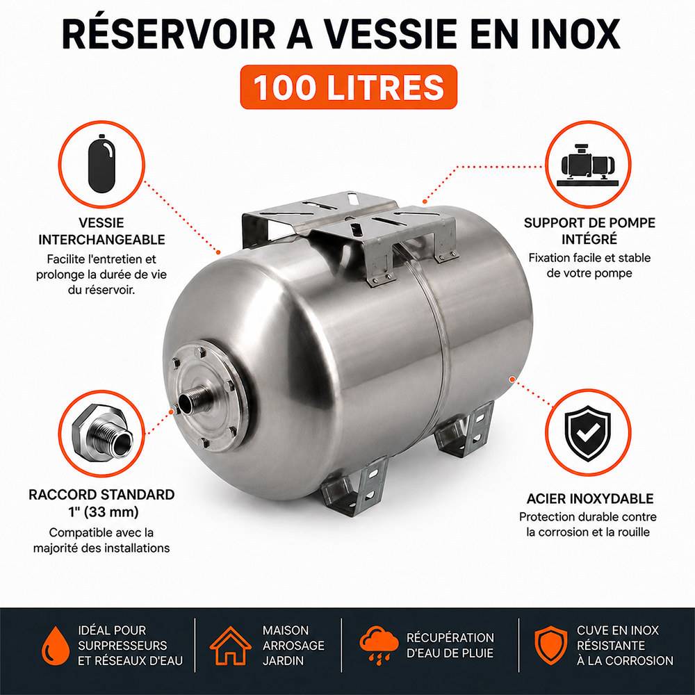 Gt Market - Réservoir pression à vessie horizontal en inox - 100 litres - GT MARKET - Imagen 2