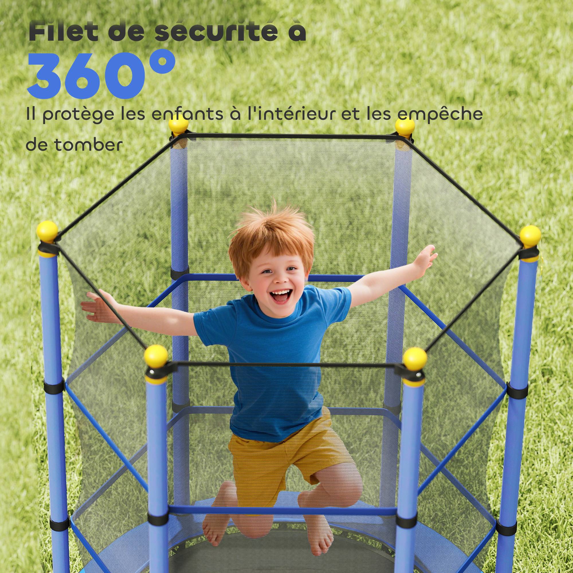 Trampoline Enfant Ø 1,40 × 1,90H m Filet de sécurité Porte zipée Couvre-Ressorts 6 poteaux rembourrés Inclus Bleu - Image 9