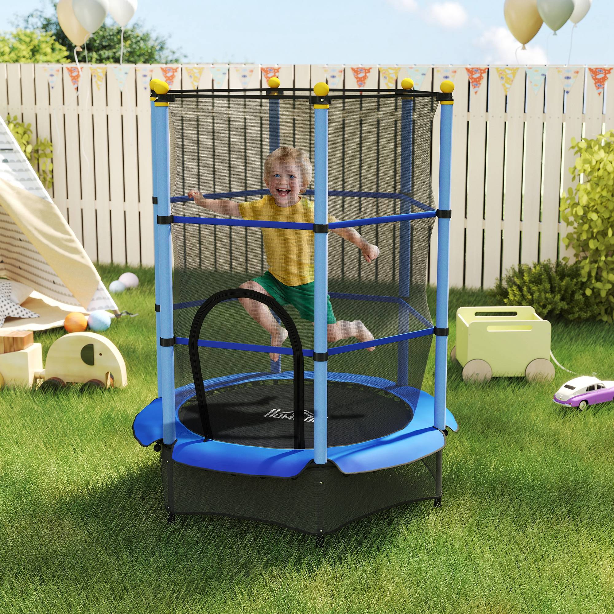Trampoline Enfant Ø 1,40 × 1,90H m Filet de sécurité Porte zipée Couvre-Ressorts 6 poteaux rembourrés Inclus Bleu - Image 3