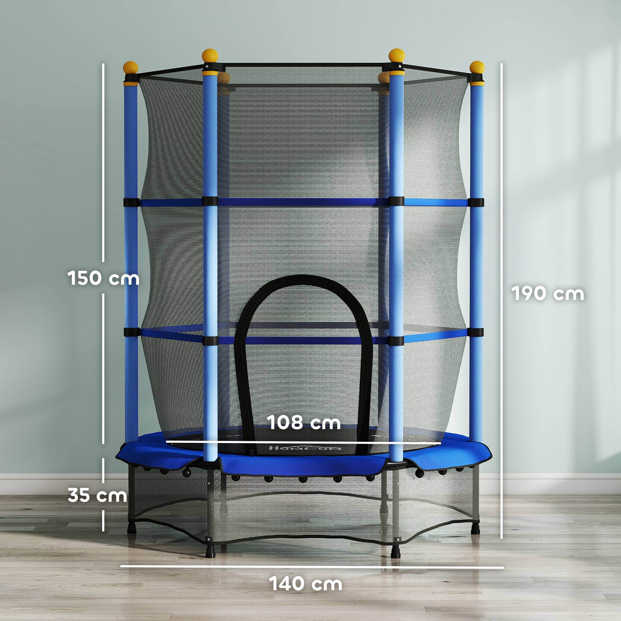 Trampoline Enfant Ø 1,40 × 1,90H m Filet de sécurité Porte zipée Couvre-Ressorts 6 poteaux rembourrés Inclus Bleu - Image 5