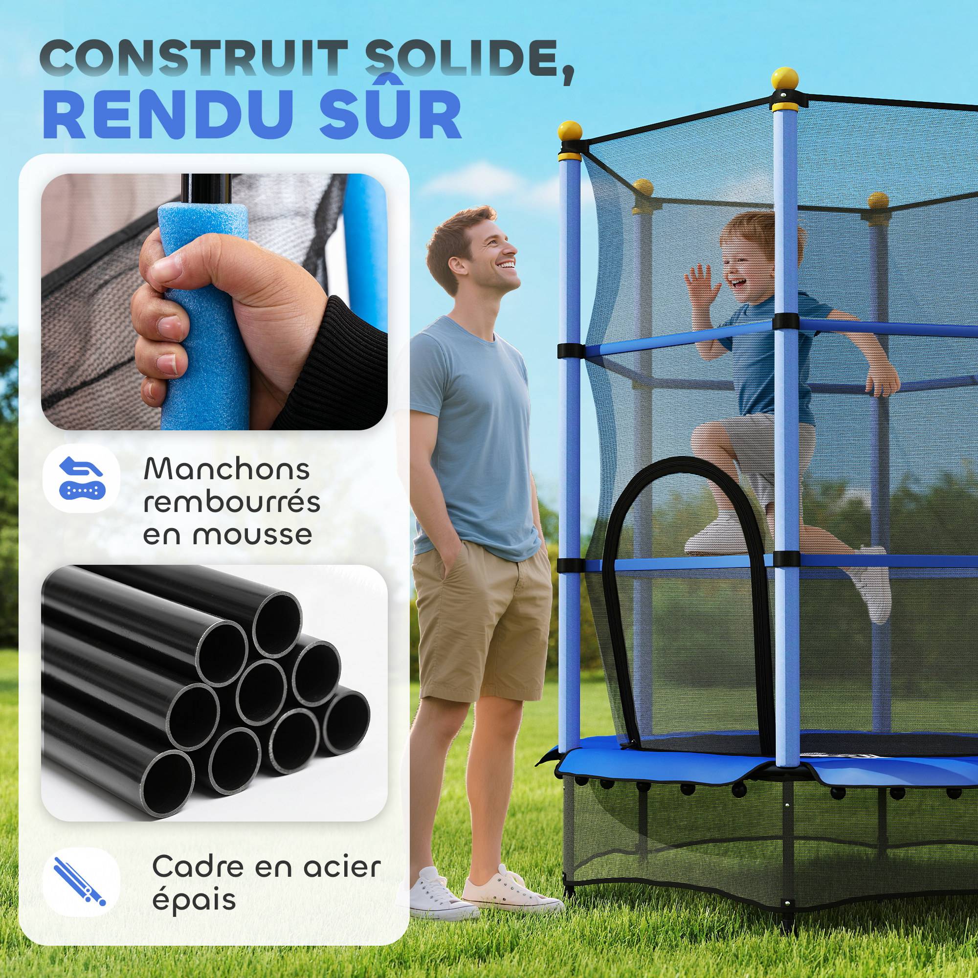 Trampoline Enfant Ø 1,40 × 1,90H m Filet de sécurité Porte zipée Couvre-Ressorts 6 poteaux rembourrés Inclus Bleu - Image 6