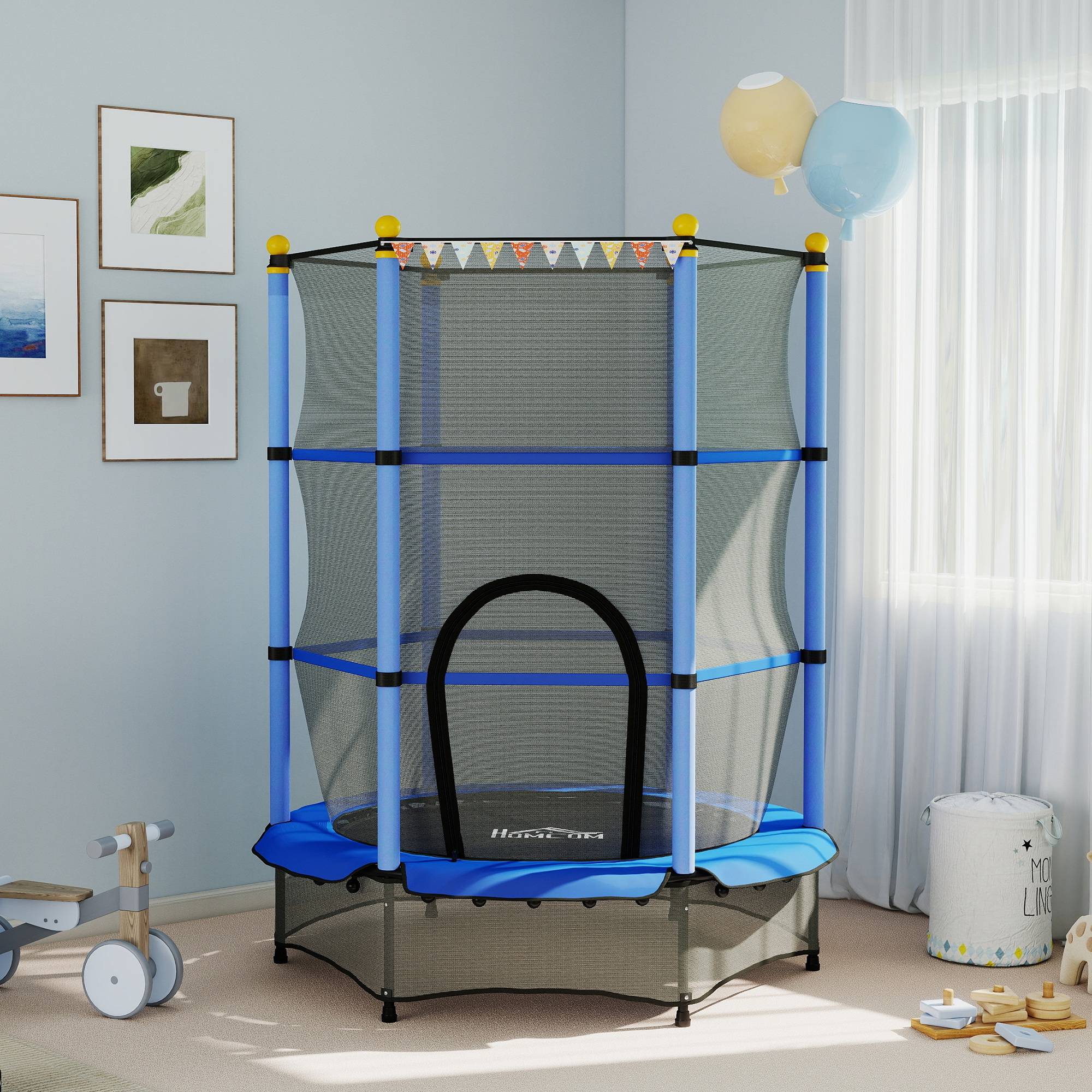 Trampoline Enfant Ø 1,40 × 1,90H m Filet de sécurité Porte zipée Couvre-Ressorts 6 poteaux rembourrés Inclus Bleu - Image 4