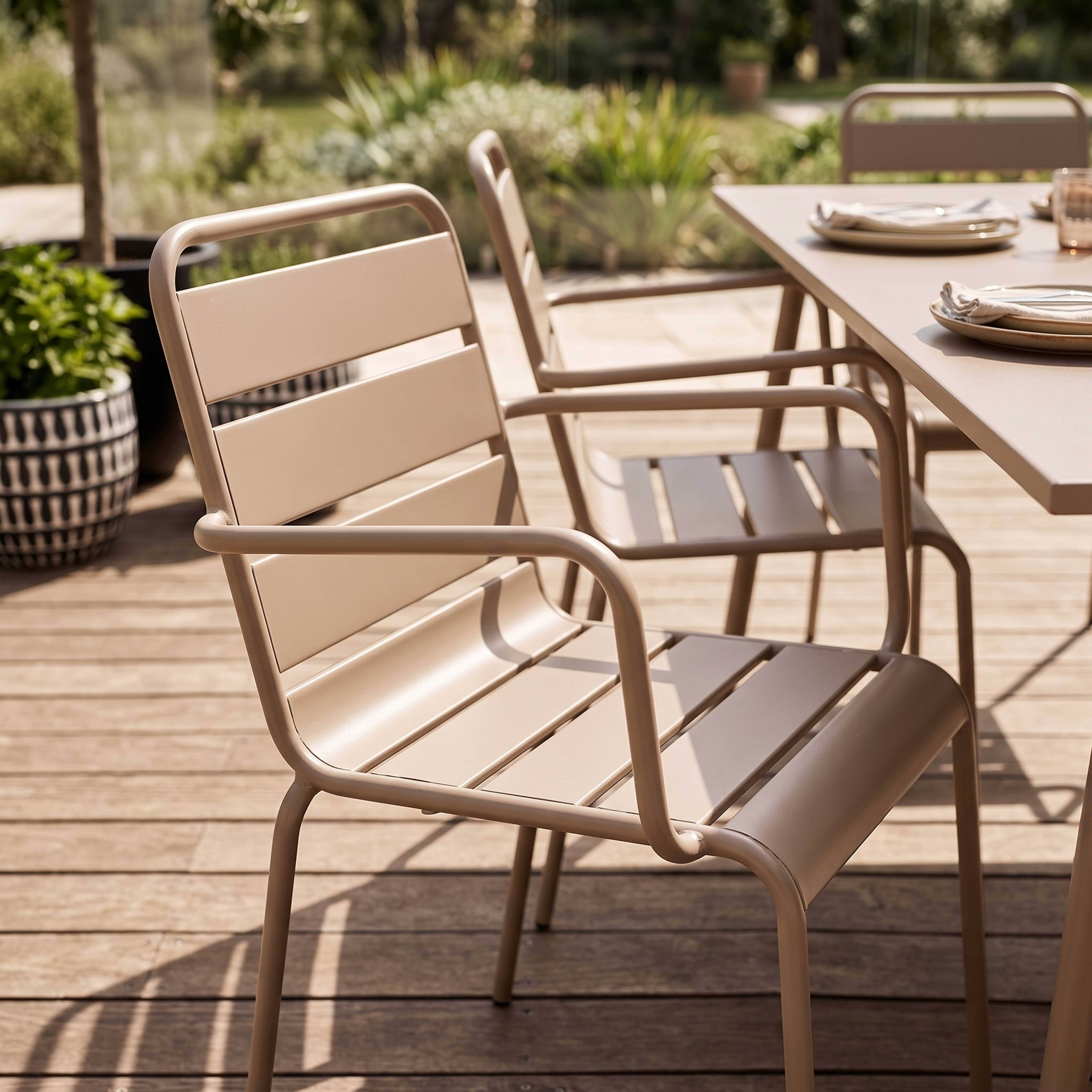 Oviala - Ensemble table de jardin et 6 fauteuils en métal taupe Palavas - Oviala - Imagen 4