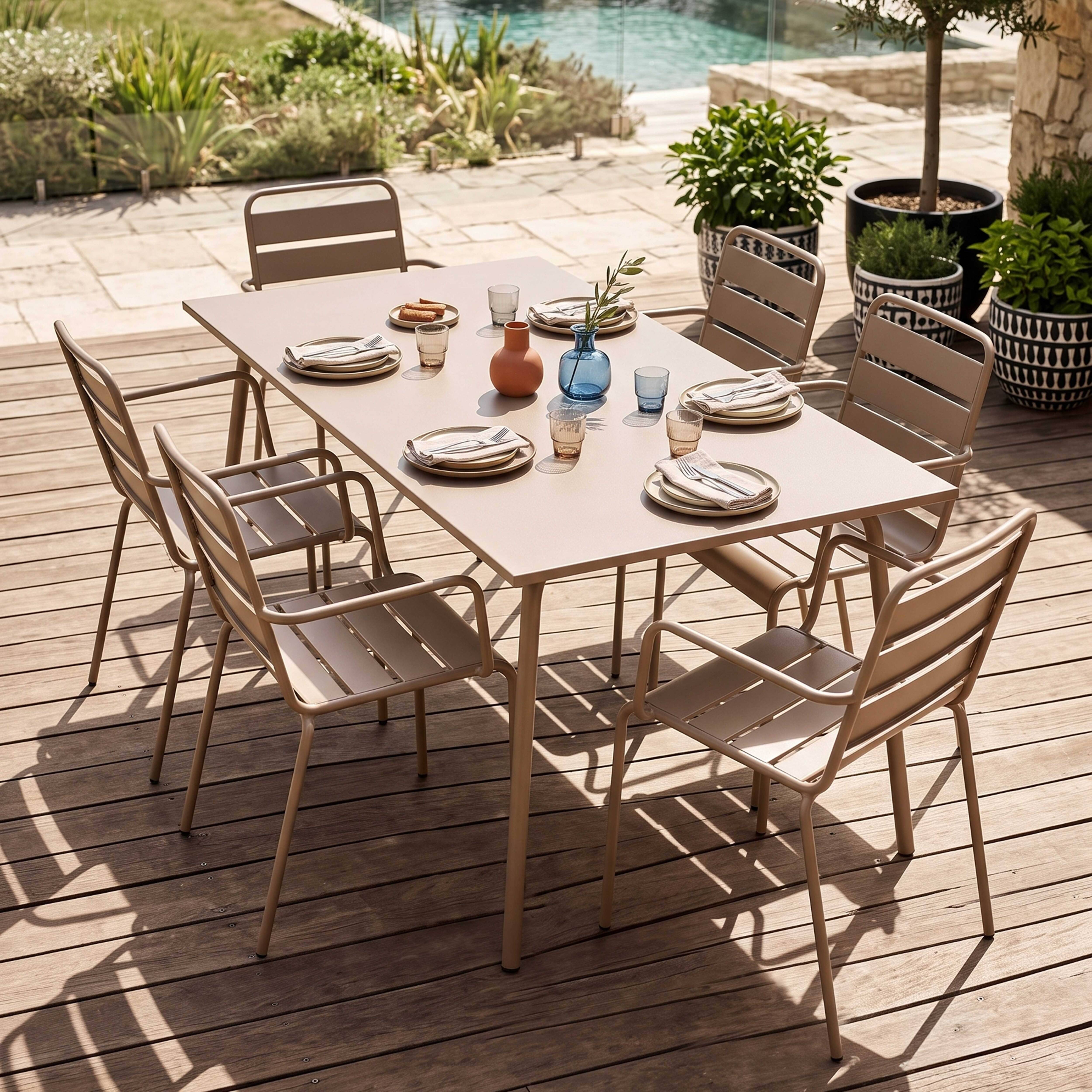 Oviala - Ensemble table de jardin et 6 fauteuils en métal taupe Palavas - Oviala - Imagen 2