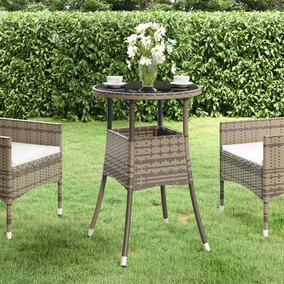 Table de Jardin Ronde 2 Personnes Ø60 cm Grise, Structure en Résine Tressée et Plateau Verre Sécurit – ComfortXL Outdoor Living - Image 1