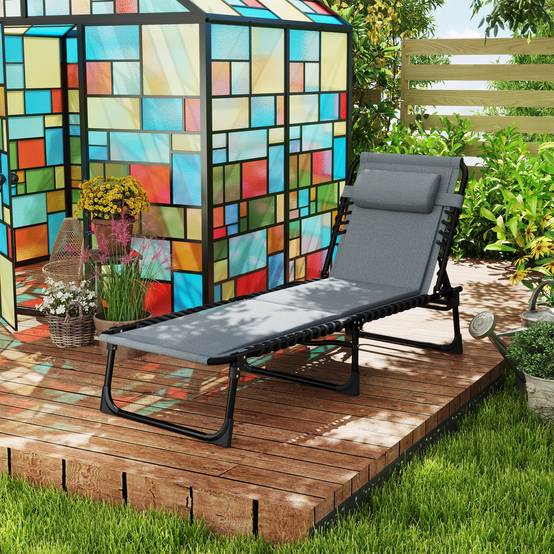 Chaise longue, transat avec coussins et poche latérale, chaise longue de jardin, chaise longue de piscine, chaise longue rembourrée, grise - Image 4