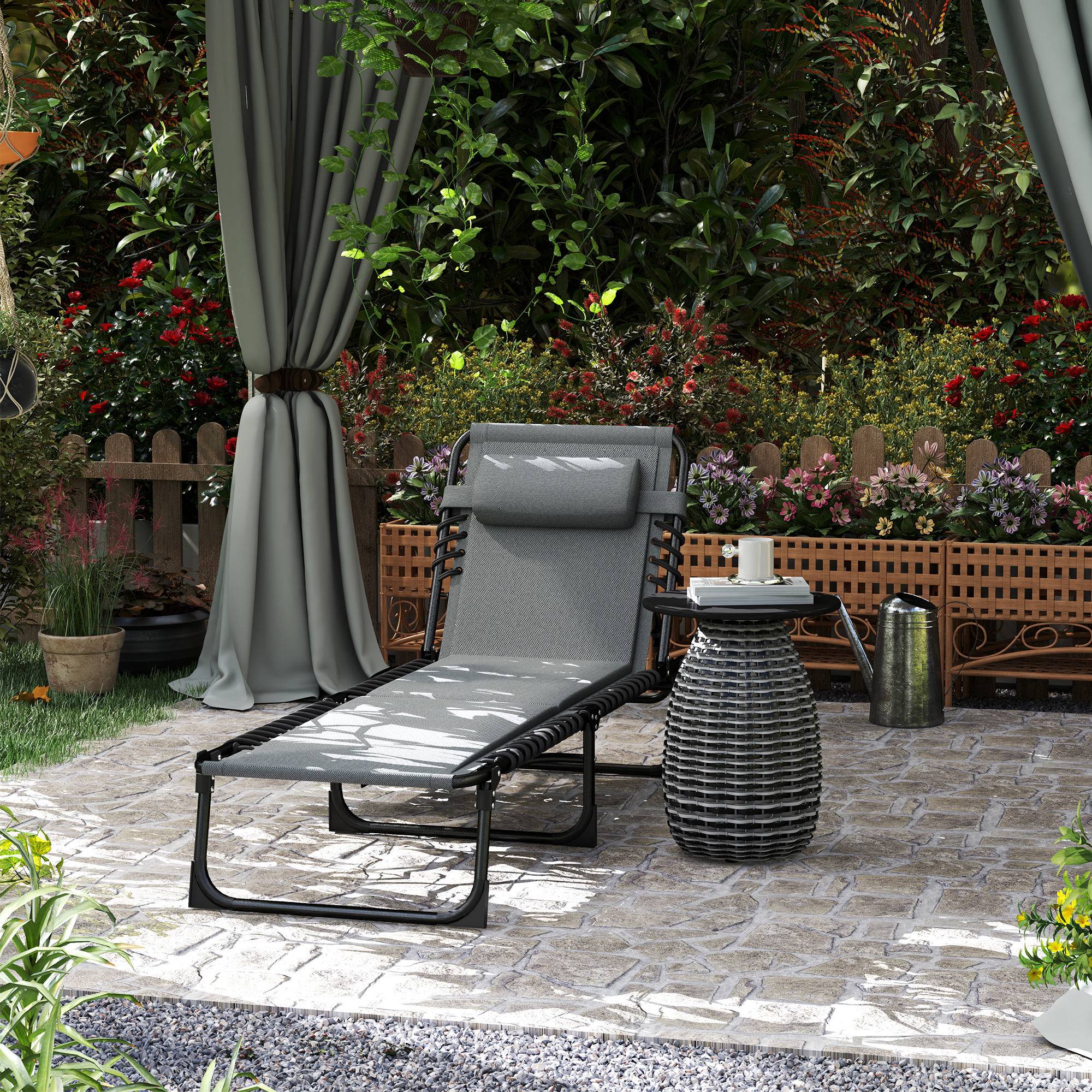 Chaise longue, transat avec coussins et poche latérale, chaise longue de jardin, chaise longue de piscine, chaise longue rembourrée, grise - Image 3