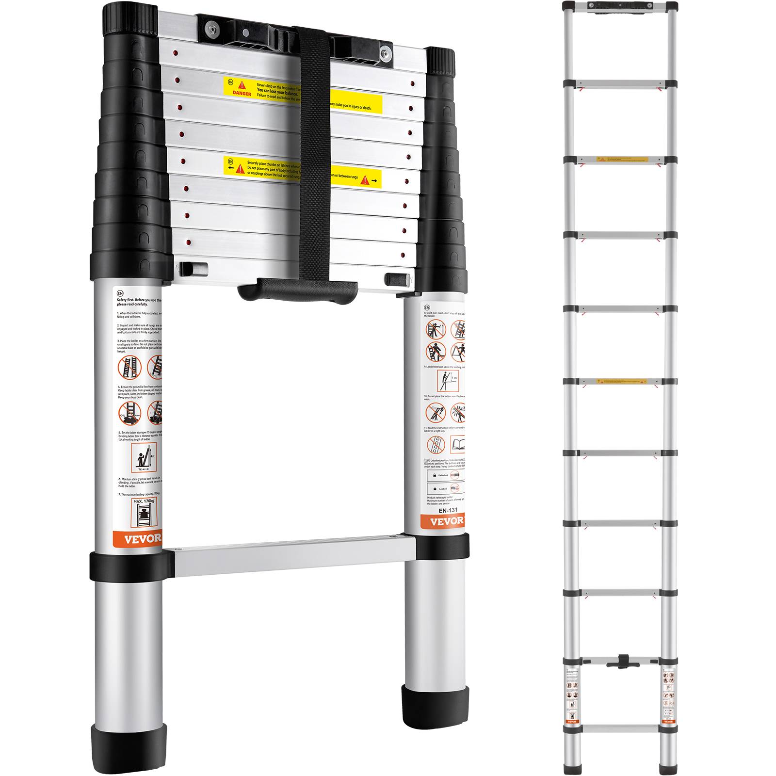 Échelle télescopique aluminium 3.2m, capacité 170kg, pieds antidérapants, rétraction un bouton, portable. - Image 1